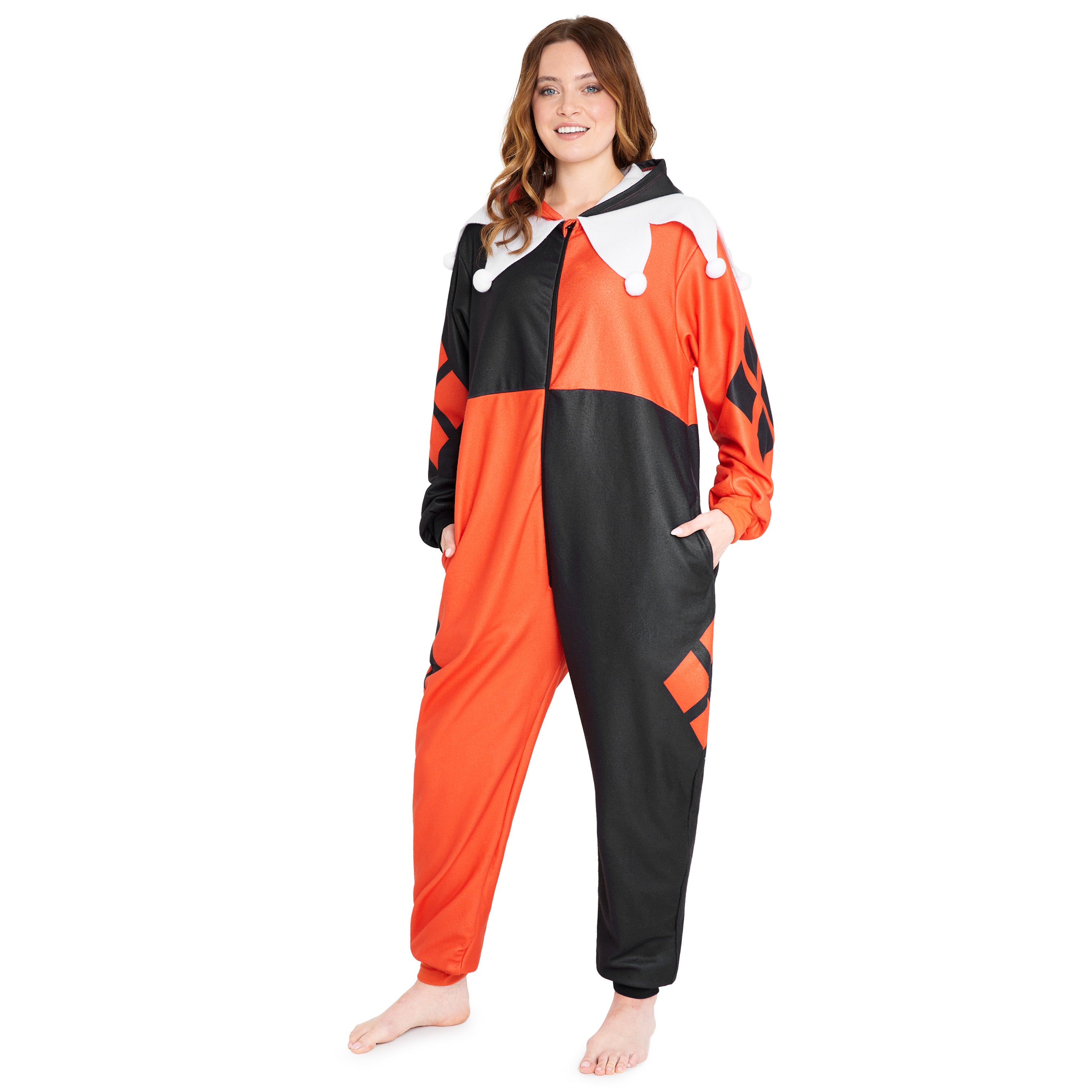 DC Comics Harley Quinn Womens Fleece Onesie with Hood, Fleece Loungewear - Get Trend
