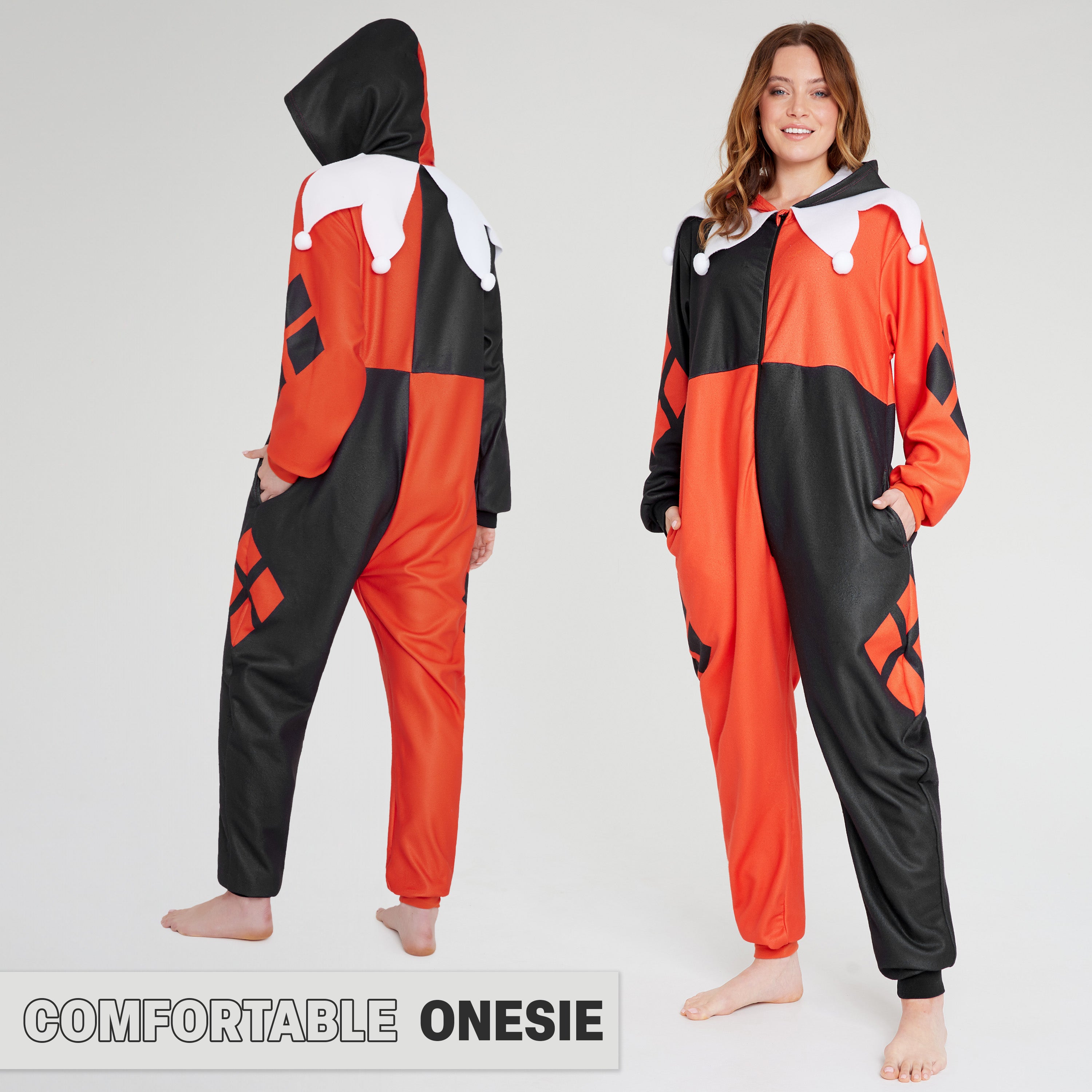 DC Comics Harley Quinn Womens Fleece Onesie with Hood, Fleece Loungewear - Get Trend