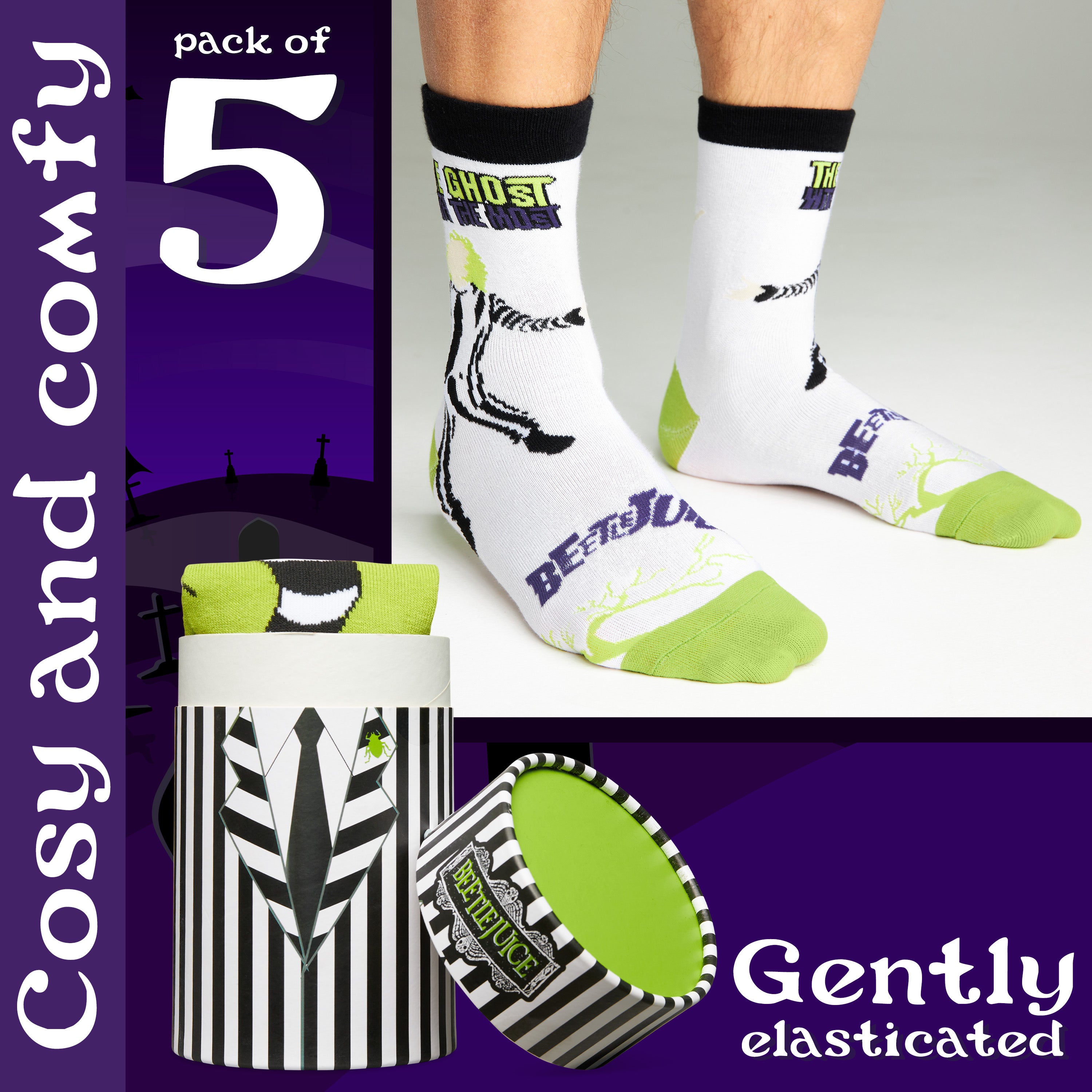 BEETLEJUICE Men's Novelty Calf Length Socks, Pack of 5 Funny Socks - Gifts for Him - Get Trend