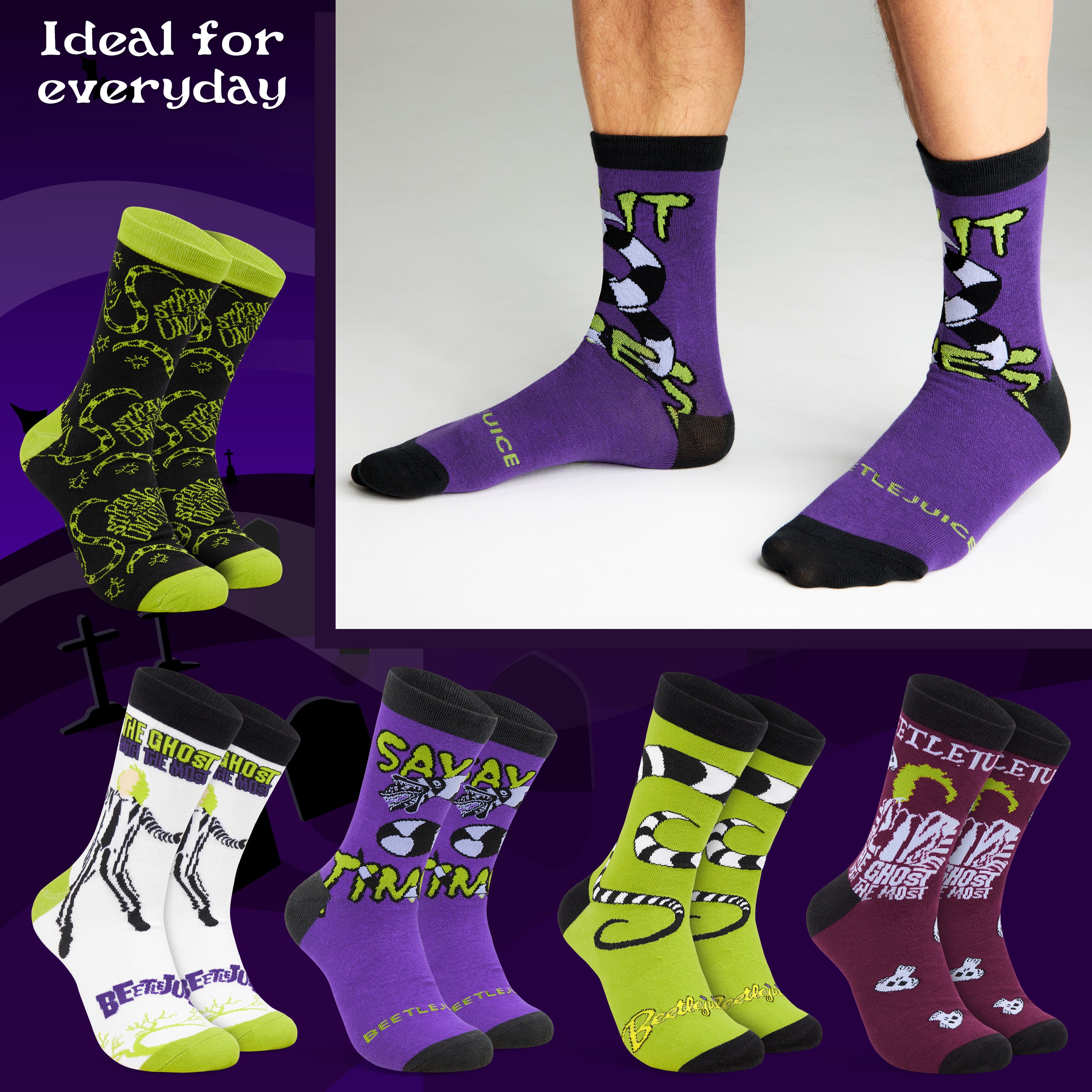 BEETLEJUICE Men's Novelty Calf Length Socks, Pack of 5 Funny Socks - Gifts for Him - Get Trend