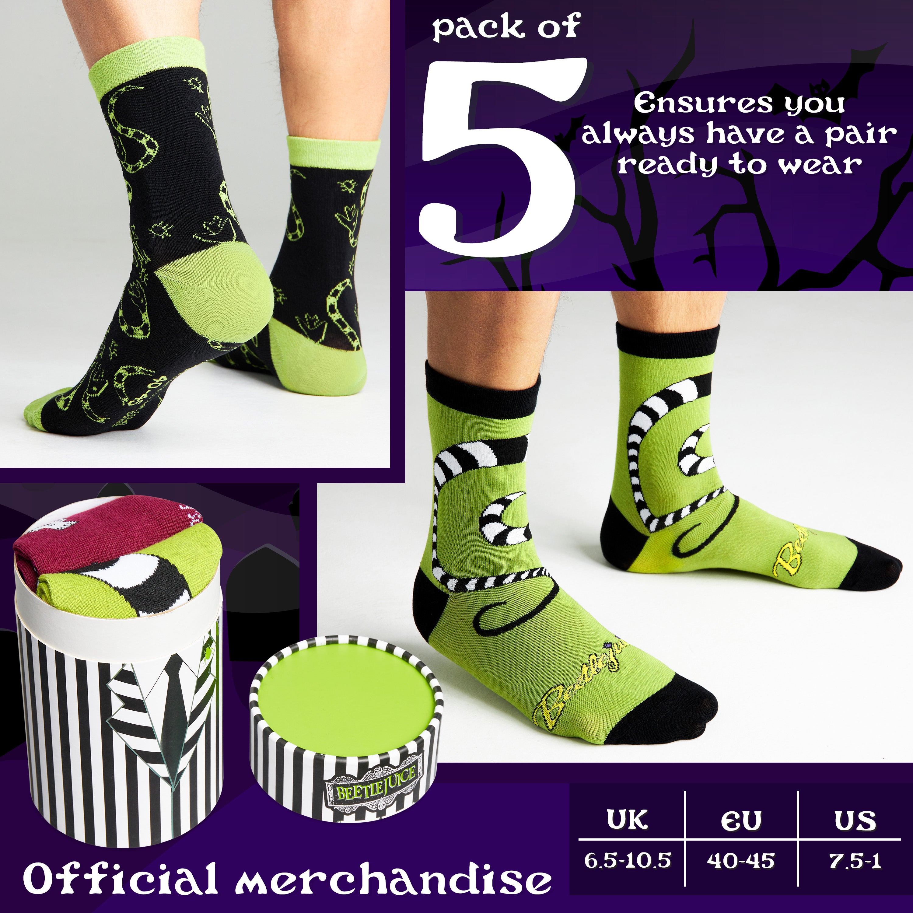 BEETLEJUICE Men's Novelty Calf Length Socks, Pack of 5 Funny Socks - Gifts for Him - Get Trend