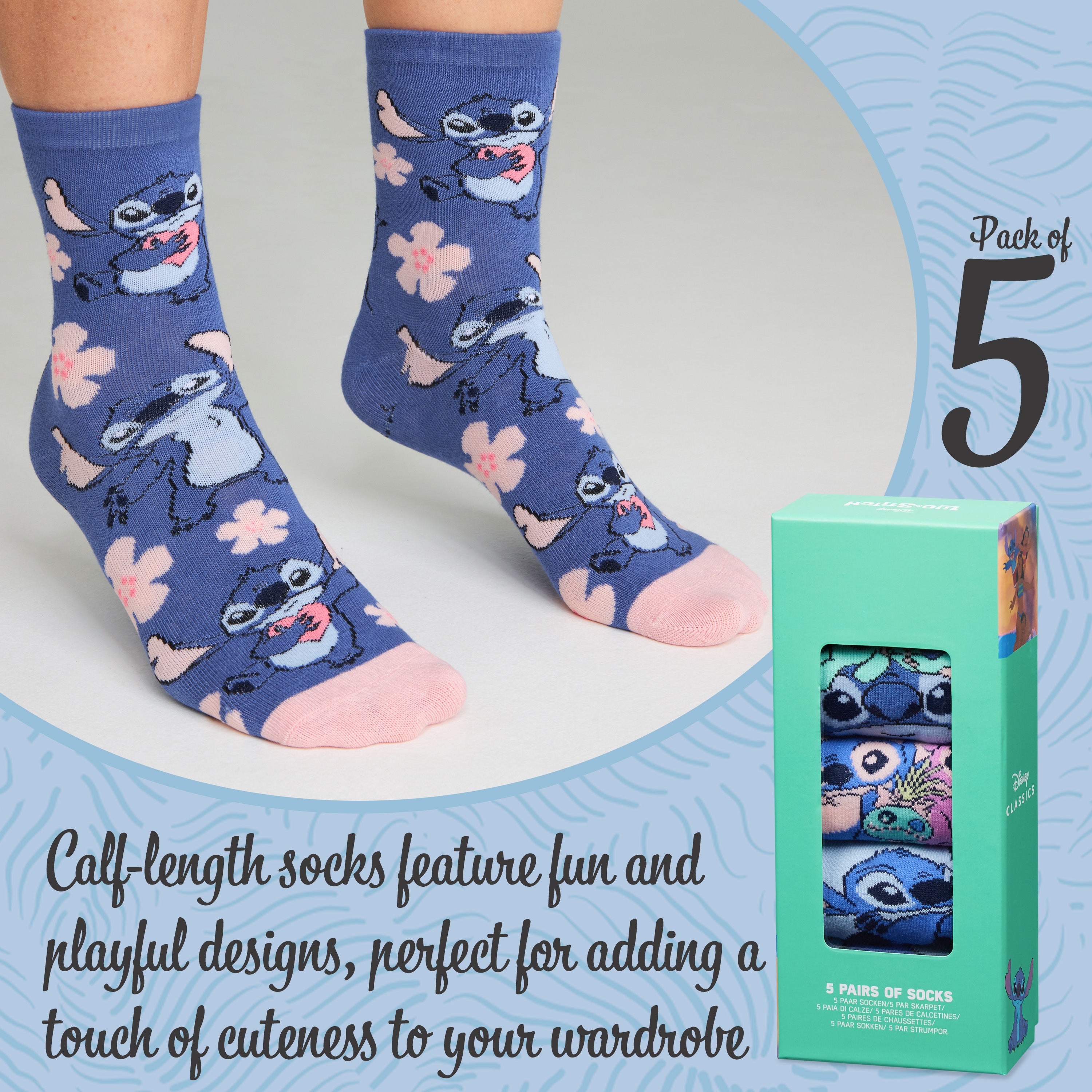 Disney Stitch Womens Calf Length Socks for Women Teenagers Soft Stretchy Socks Pack of 5 - Gifts for Women - Get Trend