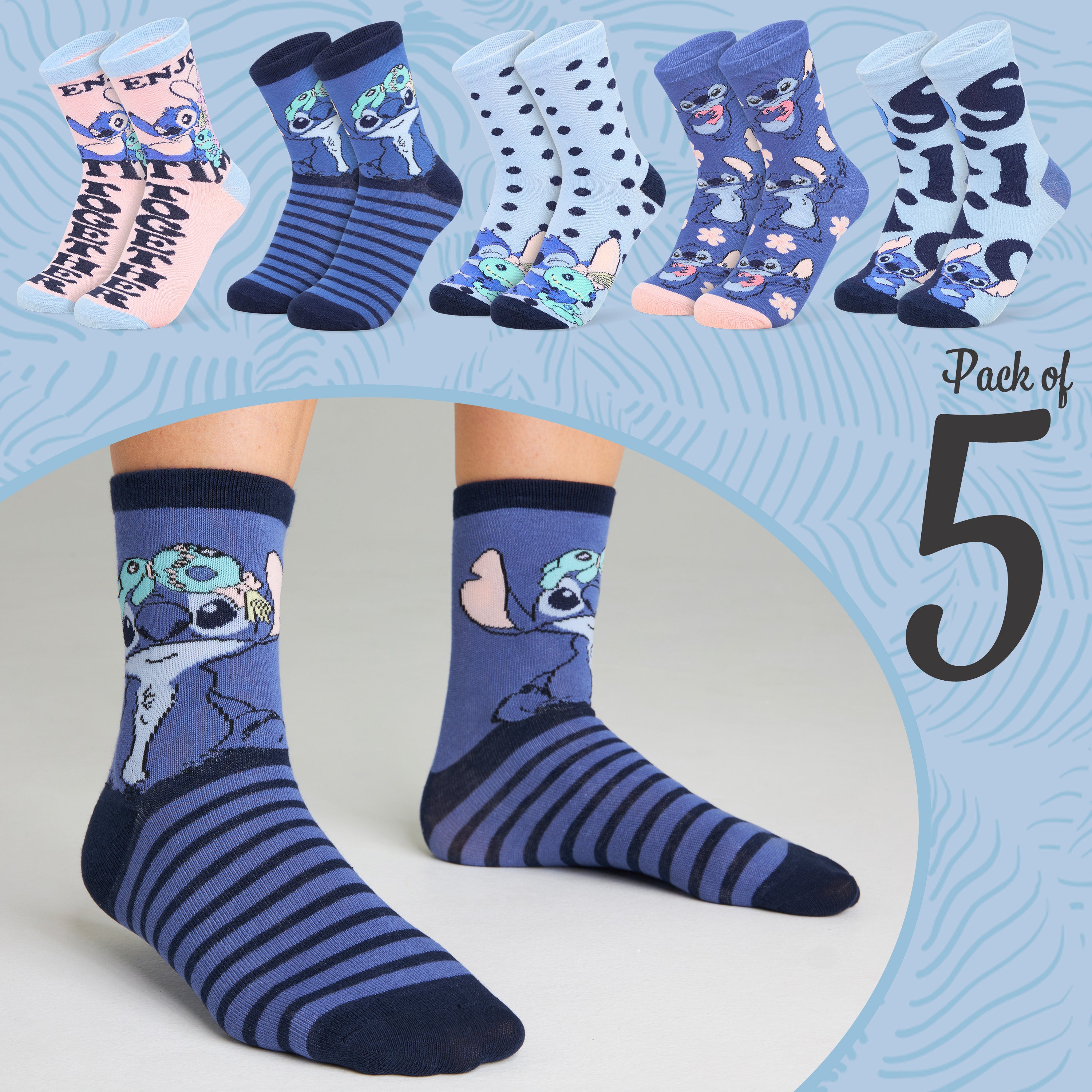 Disney Stitch Womens Calf Length Socks for Women Teenagers Soft Stretchy Socks Pack of 5 - Gifts for Women - Get Trend