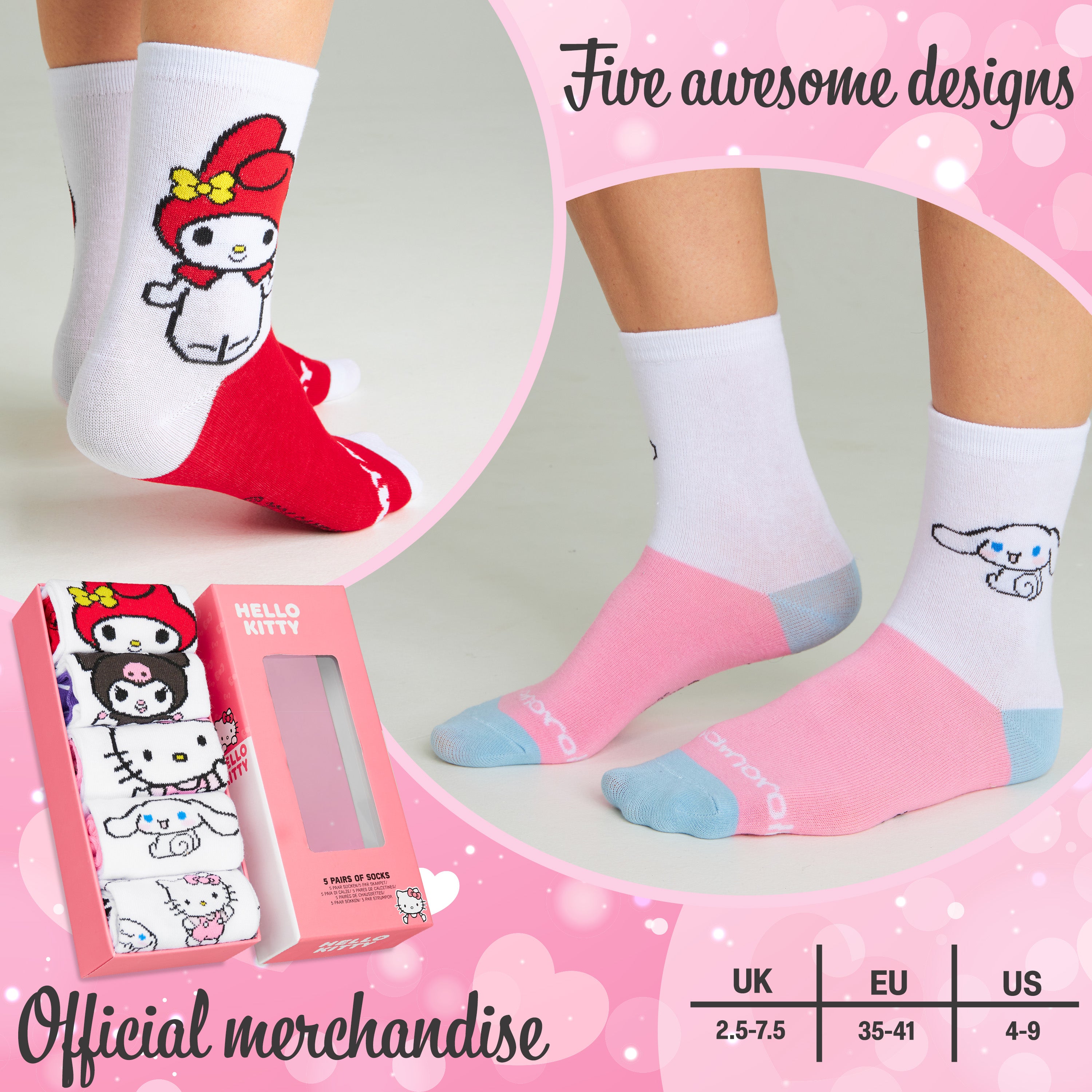 Hello Kitty Women's Novelty Calf Socks, Soft and Breathable Pack of 5 - Gifts for Her - Get Trend