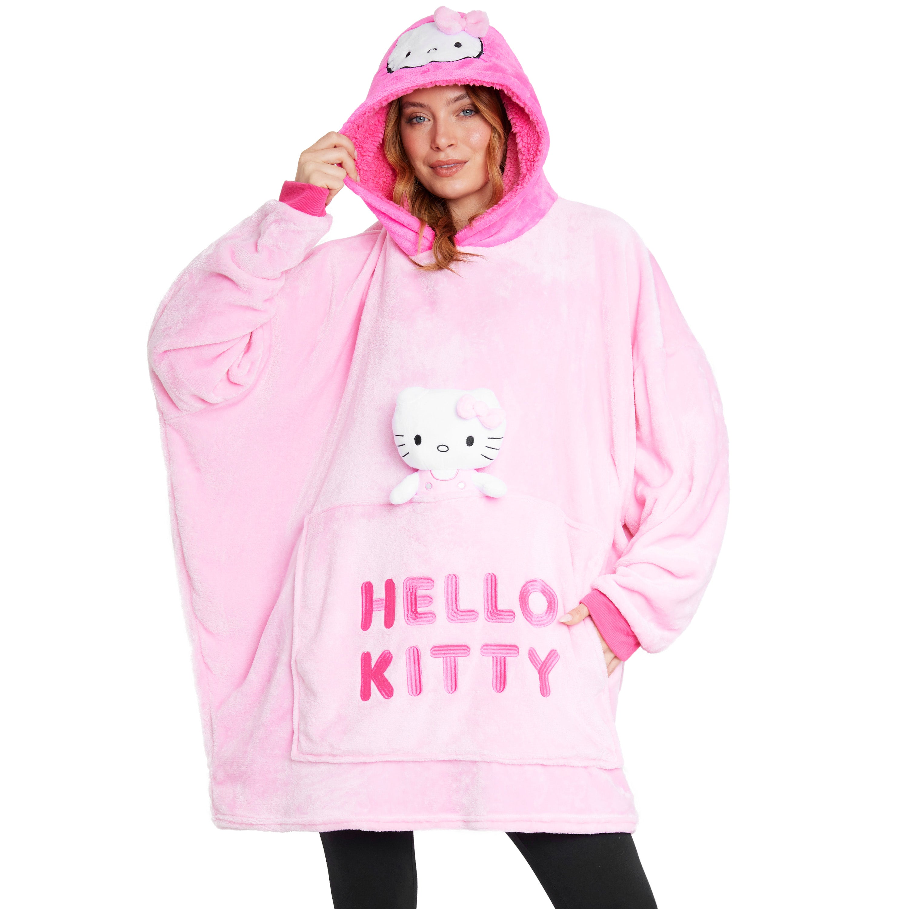 Hello Kitty Womens Fleece Hoodie Blanket with Attached Plush, Cosy Loungewear - Gifts for Her Pink - Get Trend