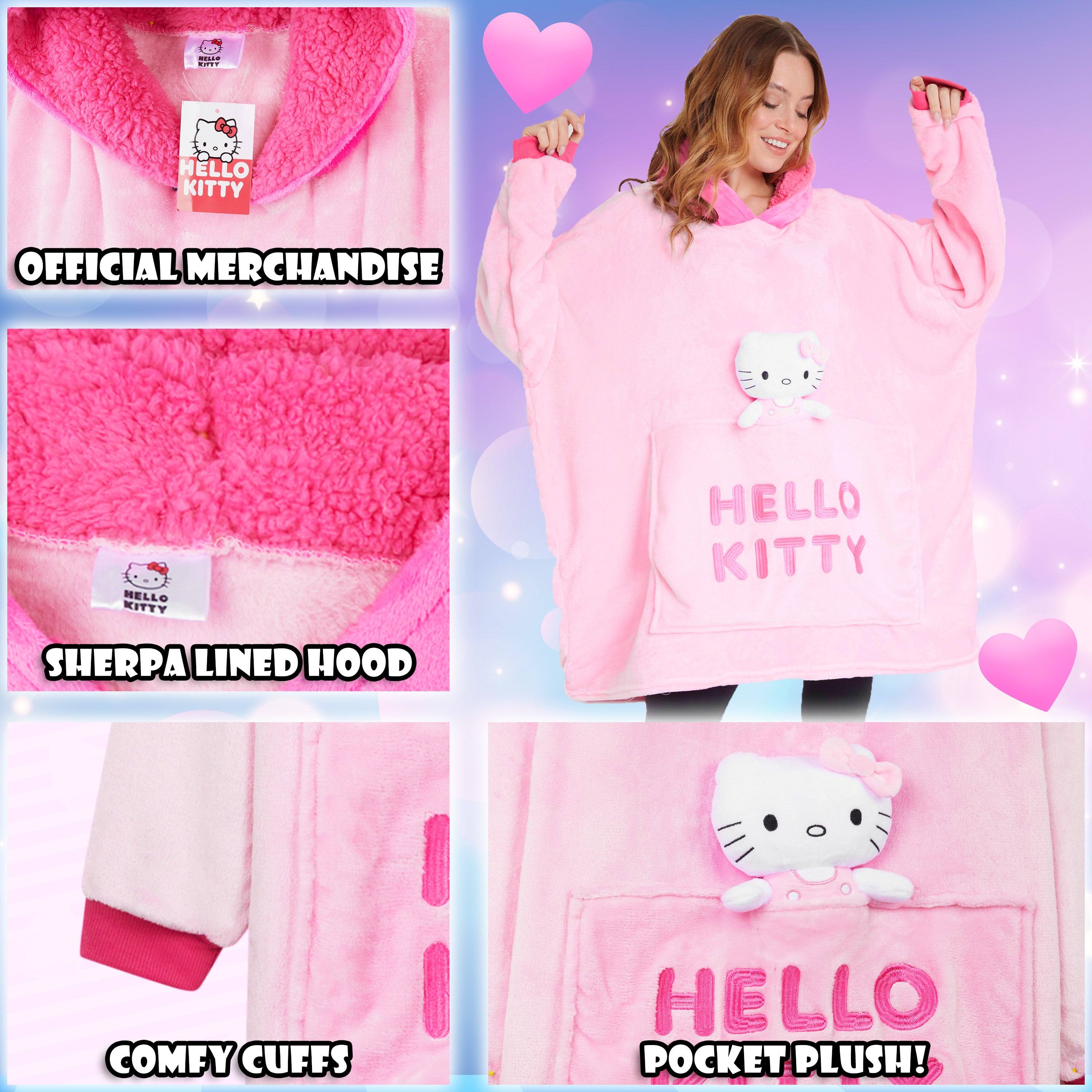 Hello Kitty Womens Fleece Hoodie Blanket with Attached Plush, Cosy Loungewear - Gifts for Her Pink - Get Trend
