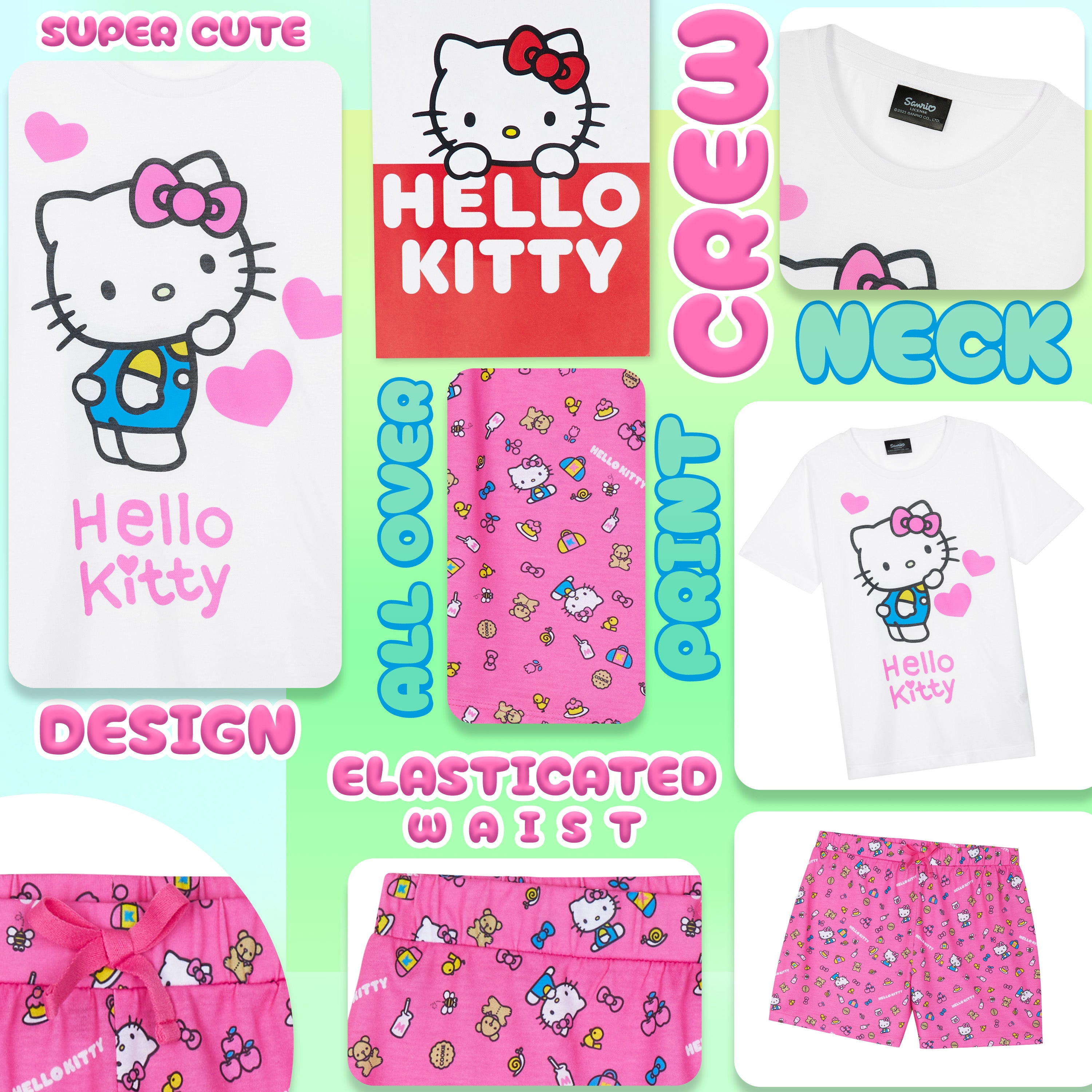 Hello Kitty PJs for Girls Short Sleeve Pyjamas Set for Kids Teenagers Kawaii Lounge Sets Nightwear Soft Comfy Sleepwear Gifts for Girls - Get Trend