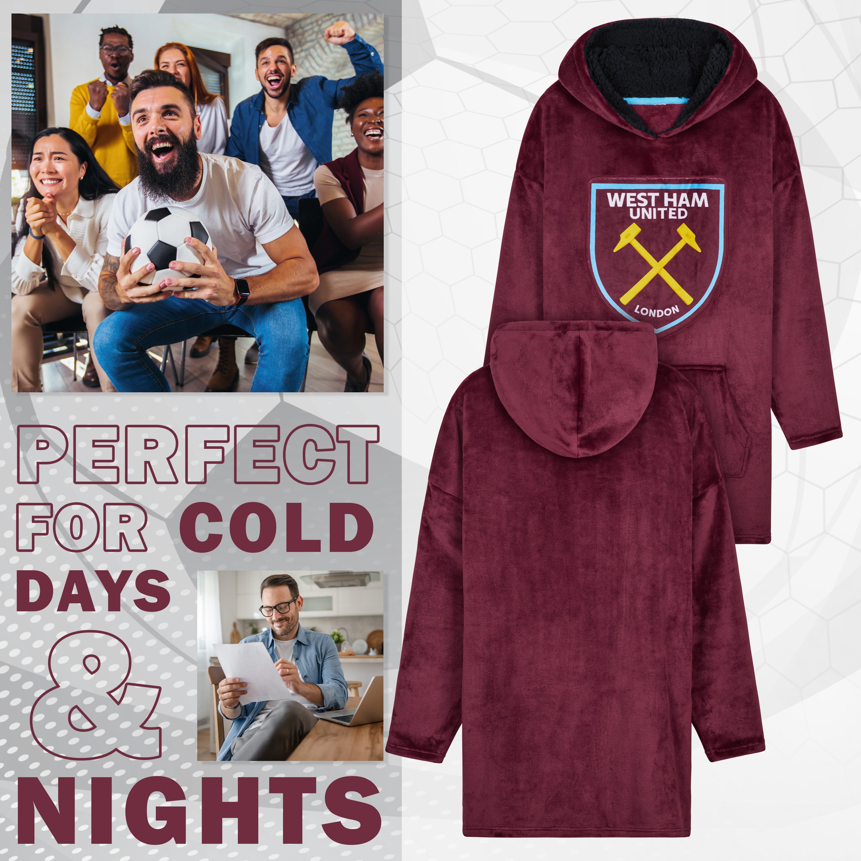 West Ham United F.C. Men's Oversized Fleece Poncho with Hood, West Ham Gifts for Men - Get Trend