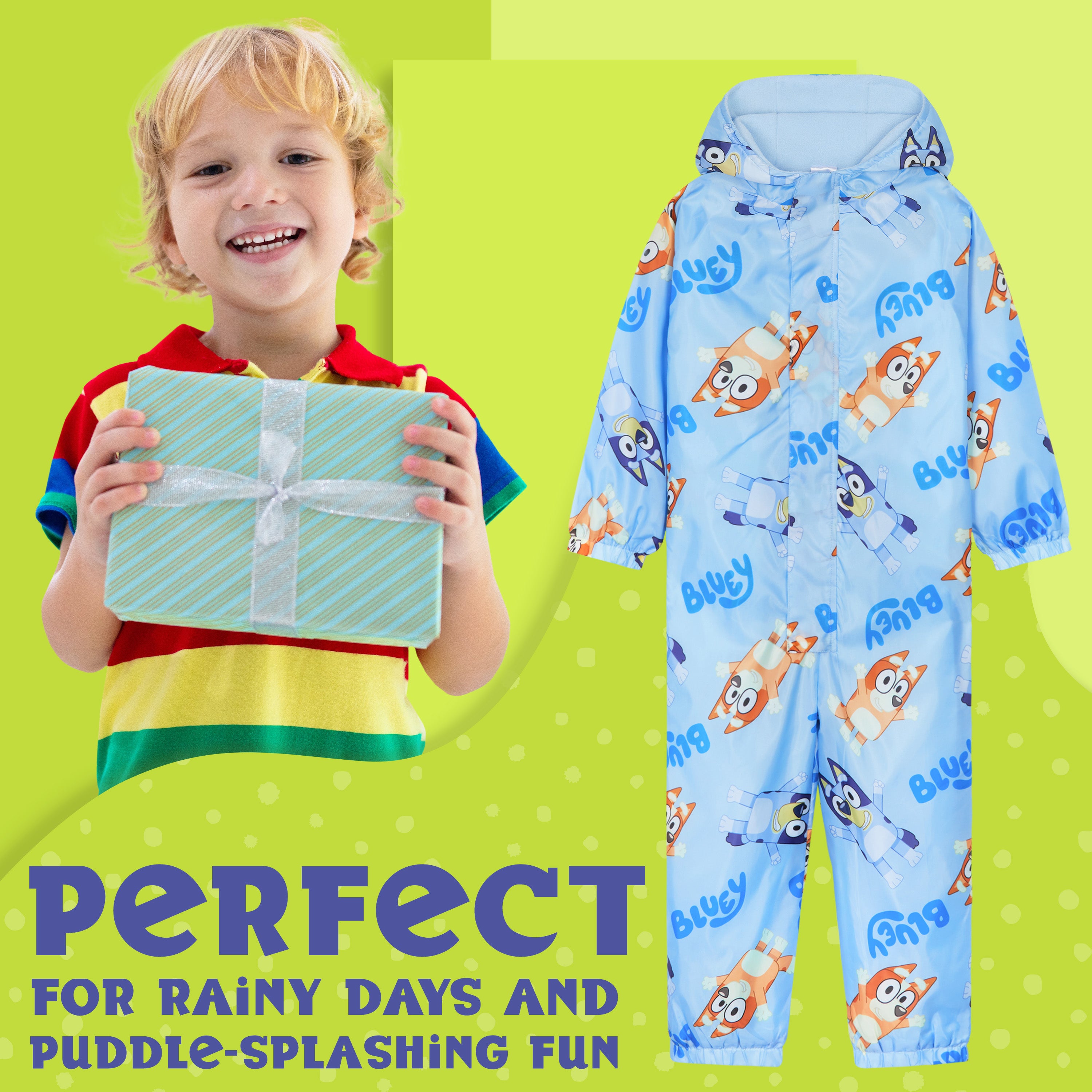 Bluey Puddle Suit Boys Waterproof All in One Rainsuit Kids with Hood Fleece Lined Outdoor Rainwear - Get Trend