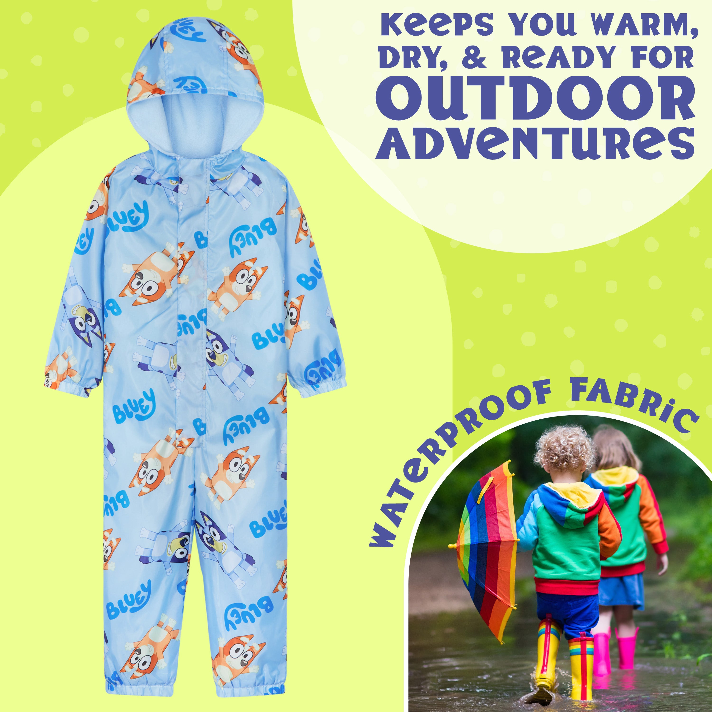 Bluey Puddle Suit Boys Waterproof All in One Rainsuit Kids with Hood Fleece Lined Outdoor Rainwear - Get Trend