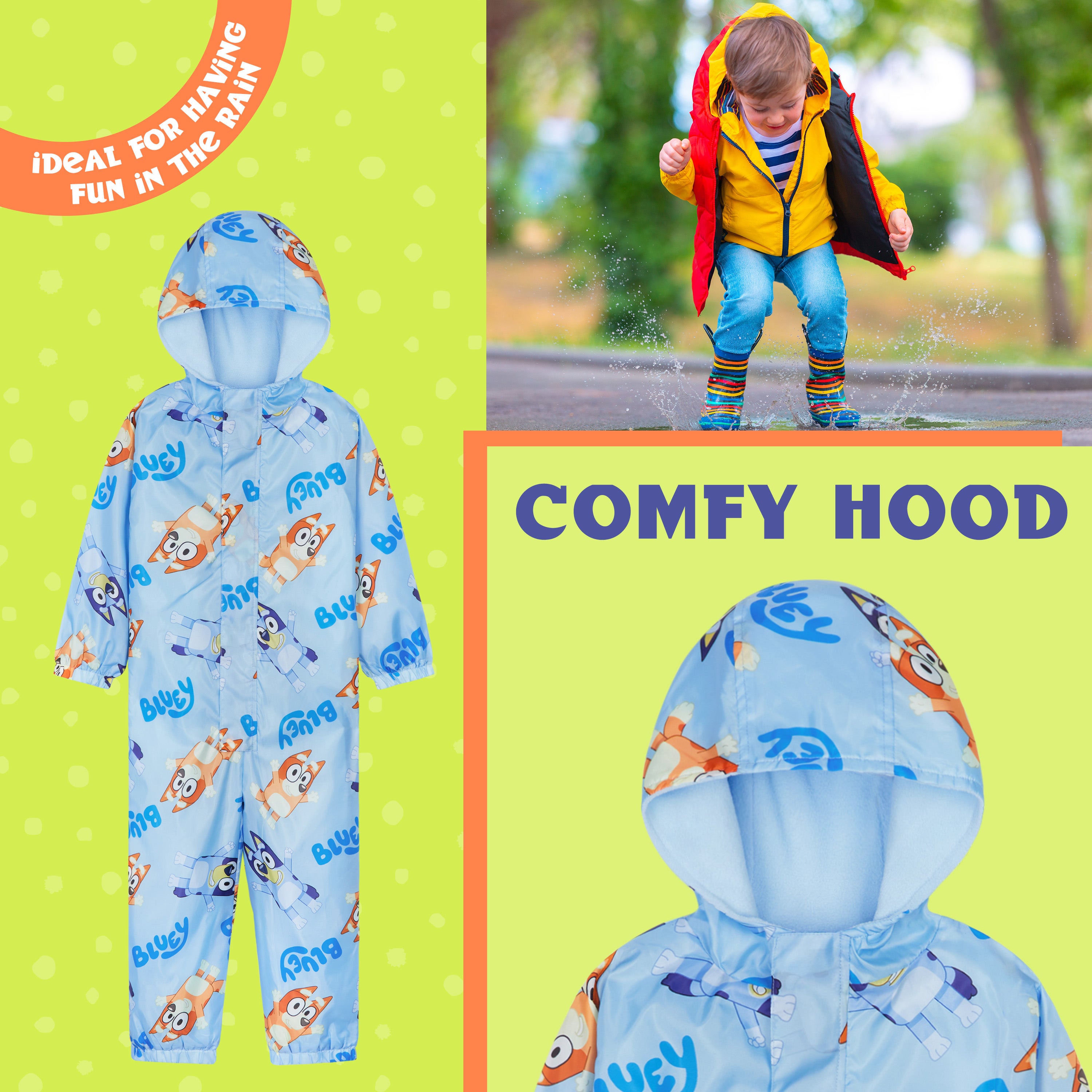 Bluey Puddle Suit Boys Waterproof All in One Rainsuit Kids with Hood Fleece Lined Outdoor Rainwear - Get Trend