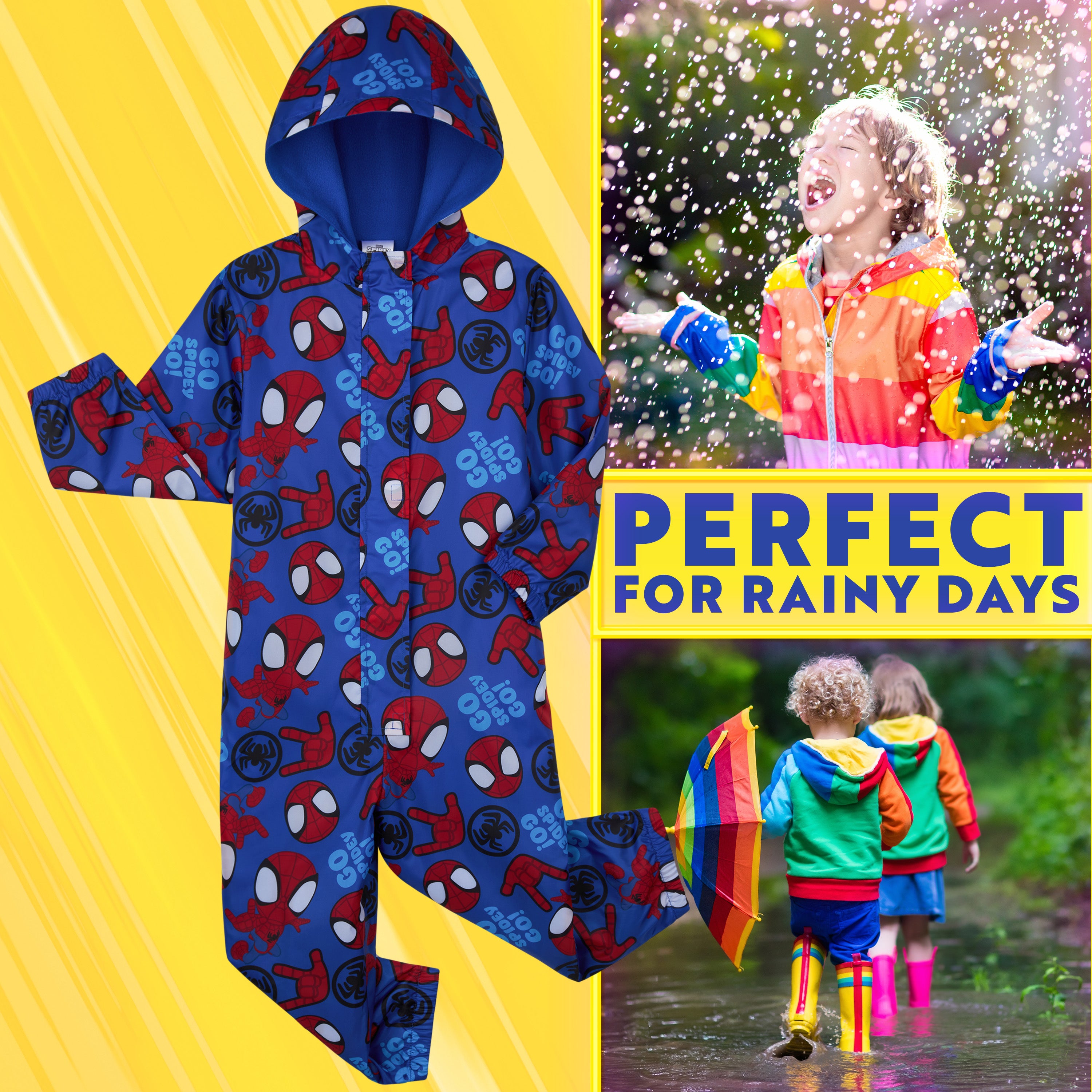 Marvel Spidey Puddle Suit Boys Toddlers Hooded Water Resistant Paddle Overalls - Get Trend