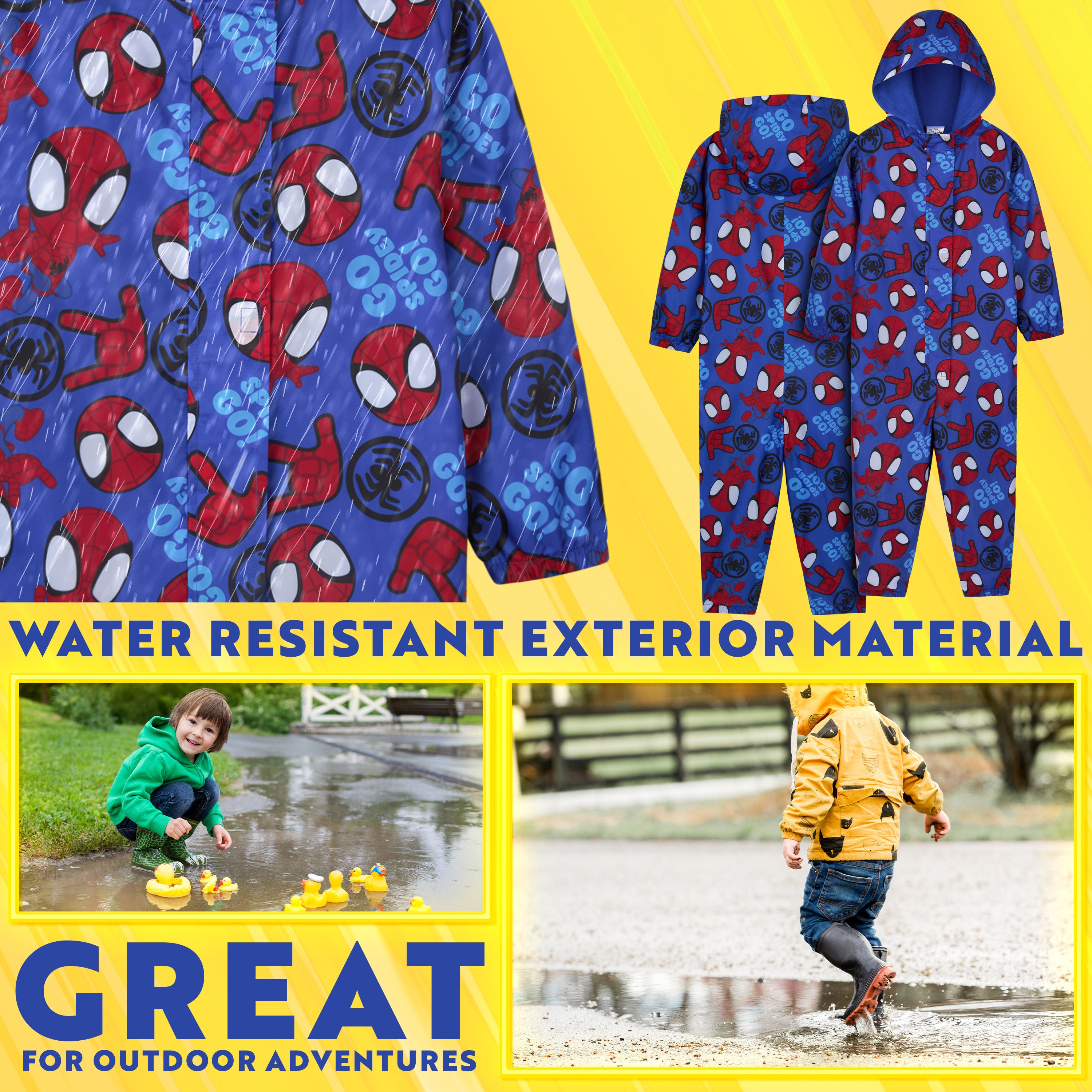 Marvel Spidey Puddle Suit Boys Toddlers Hooded Water Resistant Paddle Overalls - Get Trend