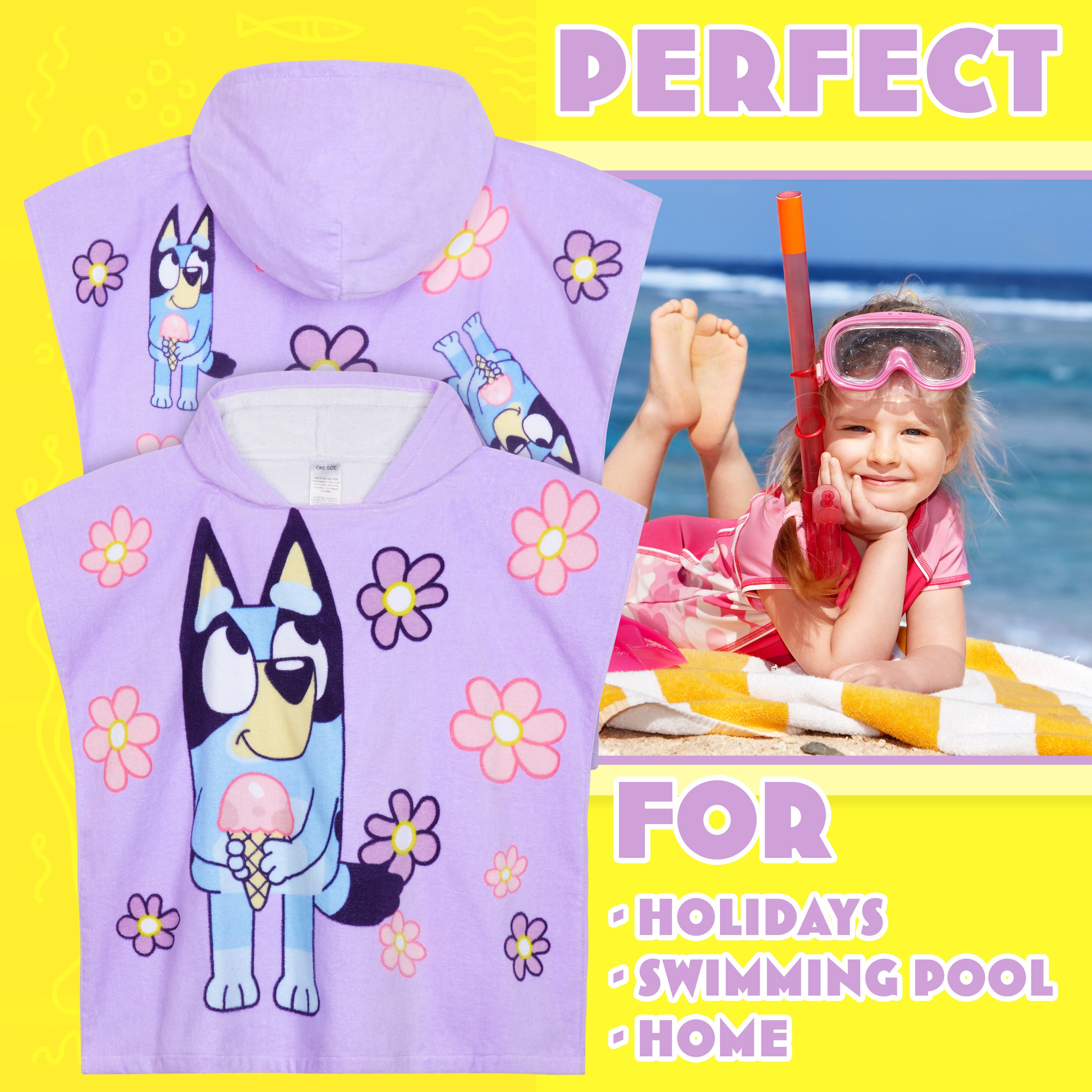 Bluey Bath Towel with Hood for Kids Absorbent Changing Robe Cotton Poncho for Swimming Bath Shower Beach Towel Holiday Essentials (Purple, 3-8 Years) - Get Trend