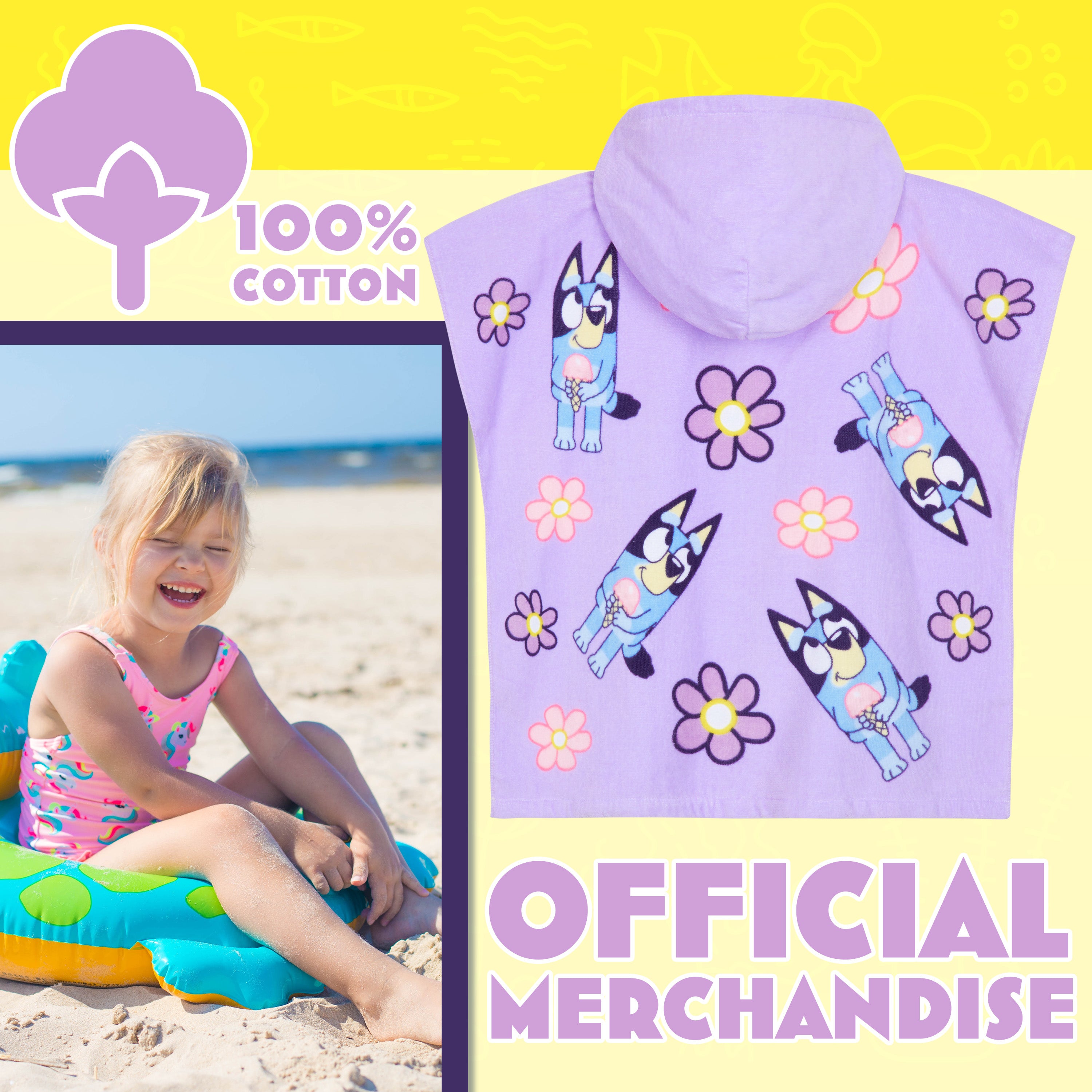 Bluey Bath Towel with Hood for Kids Absorbent Changing Robe Cotton Poncho for Swimming Bath Shower Beach Towel Holiday Essentials (Purple, 3-8 Years) - Get Trend