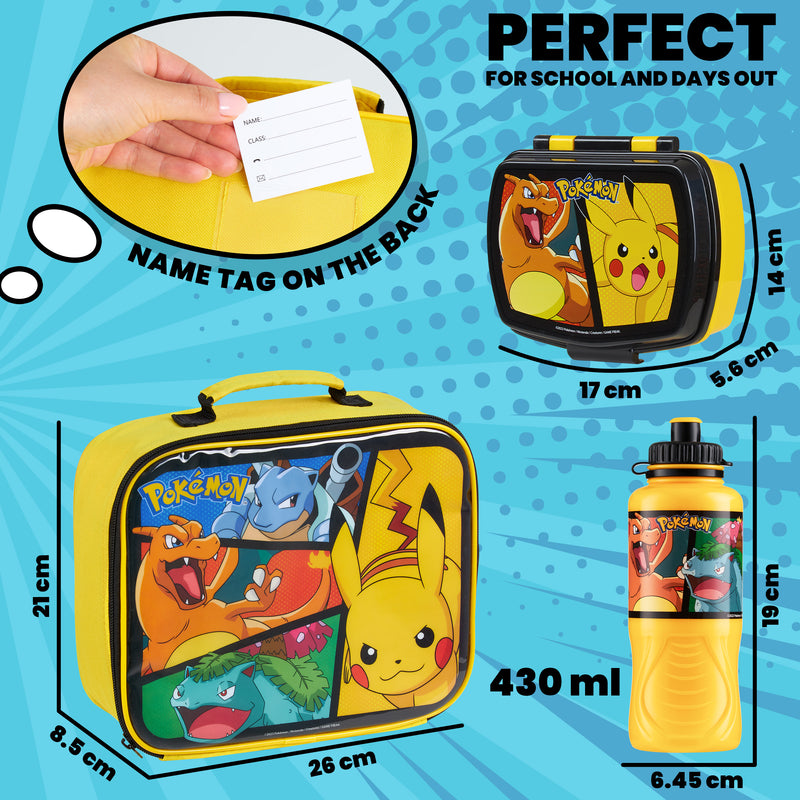 Pokemon Kids Lunch Box 3 Piece Set Insulated Lunch Bag Snack Box Pikachu 430ml Water Bottle - Get Trend