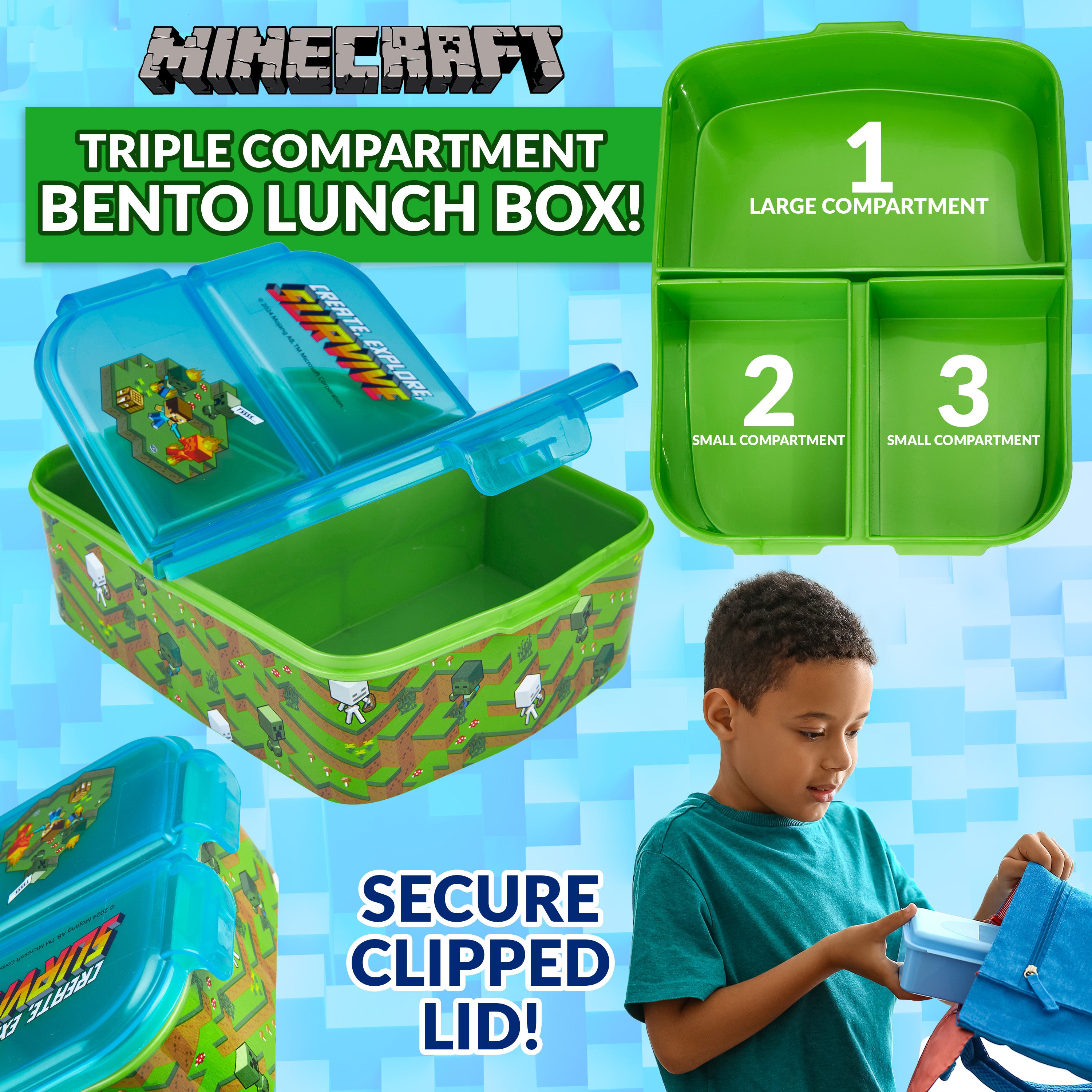 Minecraft Kids Lunchbox with Compartments & Water Bottle for School or Days Out - Get Trend