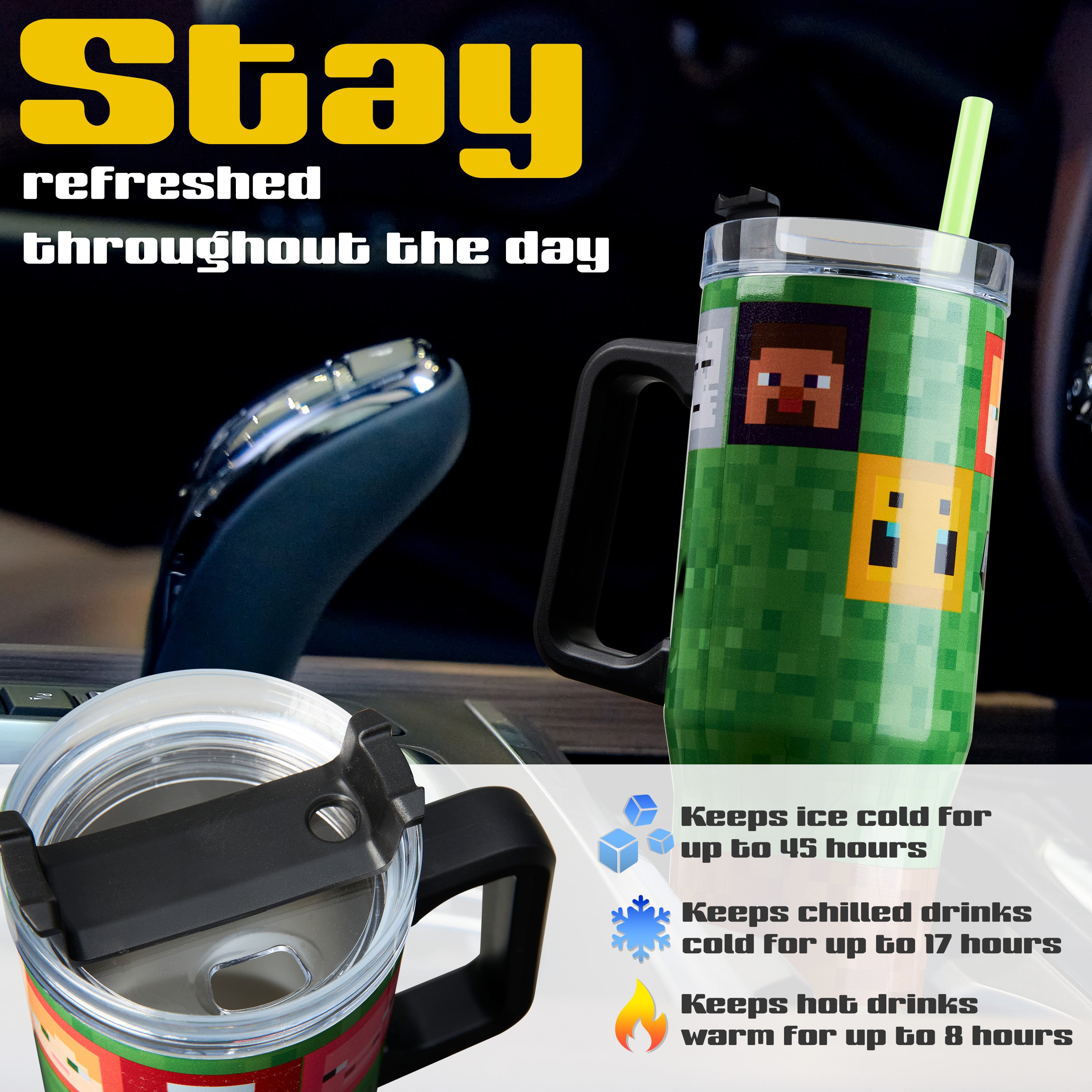Minecraft Insulated Tumbler Travel Mug 940ml/33oz Creeper Water Bottle with Straw & Handle Thermal Double Wall Vacuum Insulation Drinks Cold Up to 17Hrs, Hot Up to 8Hrs, 45Hrs Ice - Get Trend