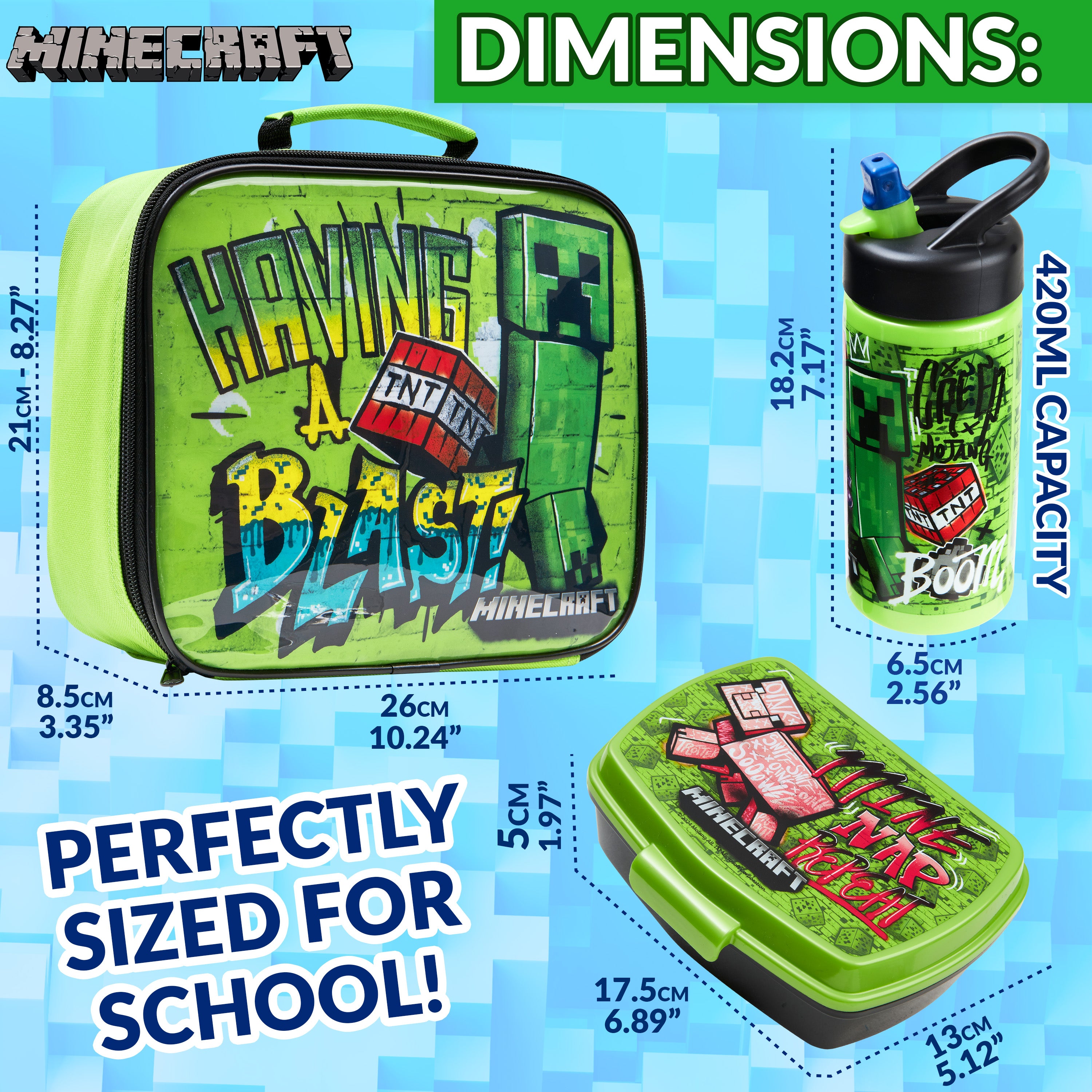 Minecraft Kids Insulated Lunch Bag, Box and Bottle, 3 Piece Set - Gamer Gifts - Get Trend