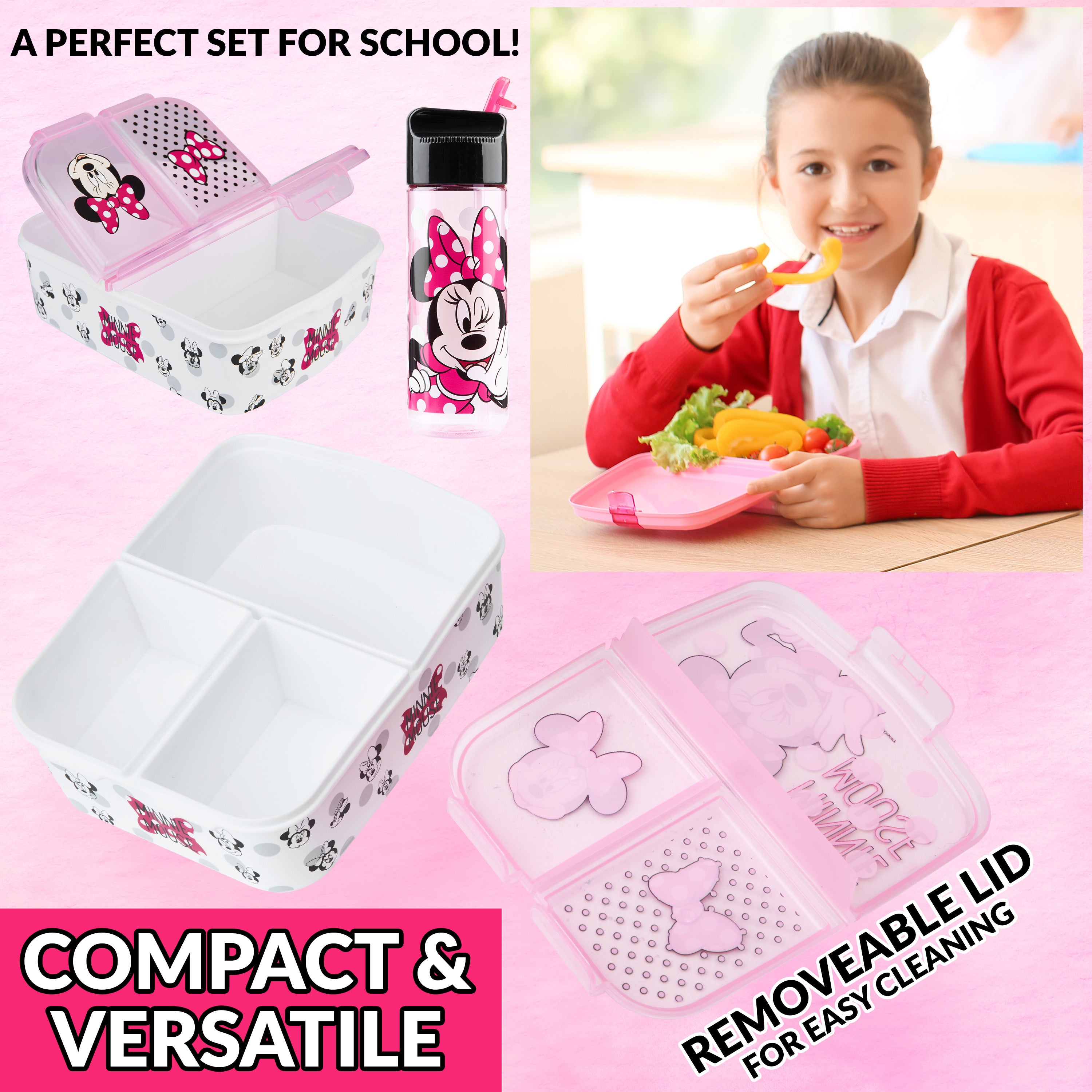 Disney Minnie Mouse Kids Lunchbox with Compartments and Water Bottle with Straw (Pink) - Get Trend