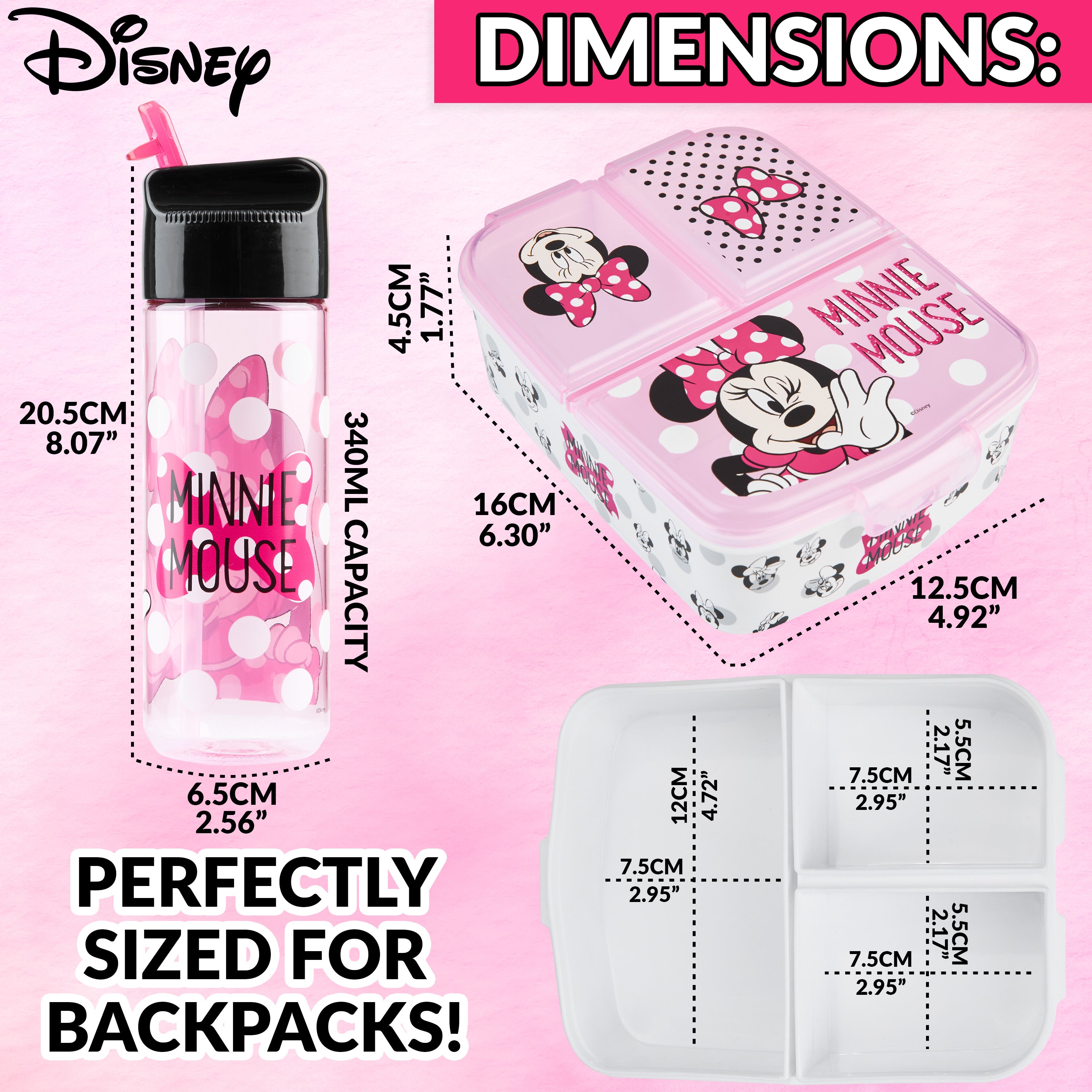 Disney Minnie Mouse Kids Lunchbox with Compartments and Water Bottle with Straw (Pink) - Get Trend