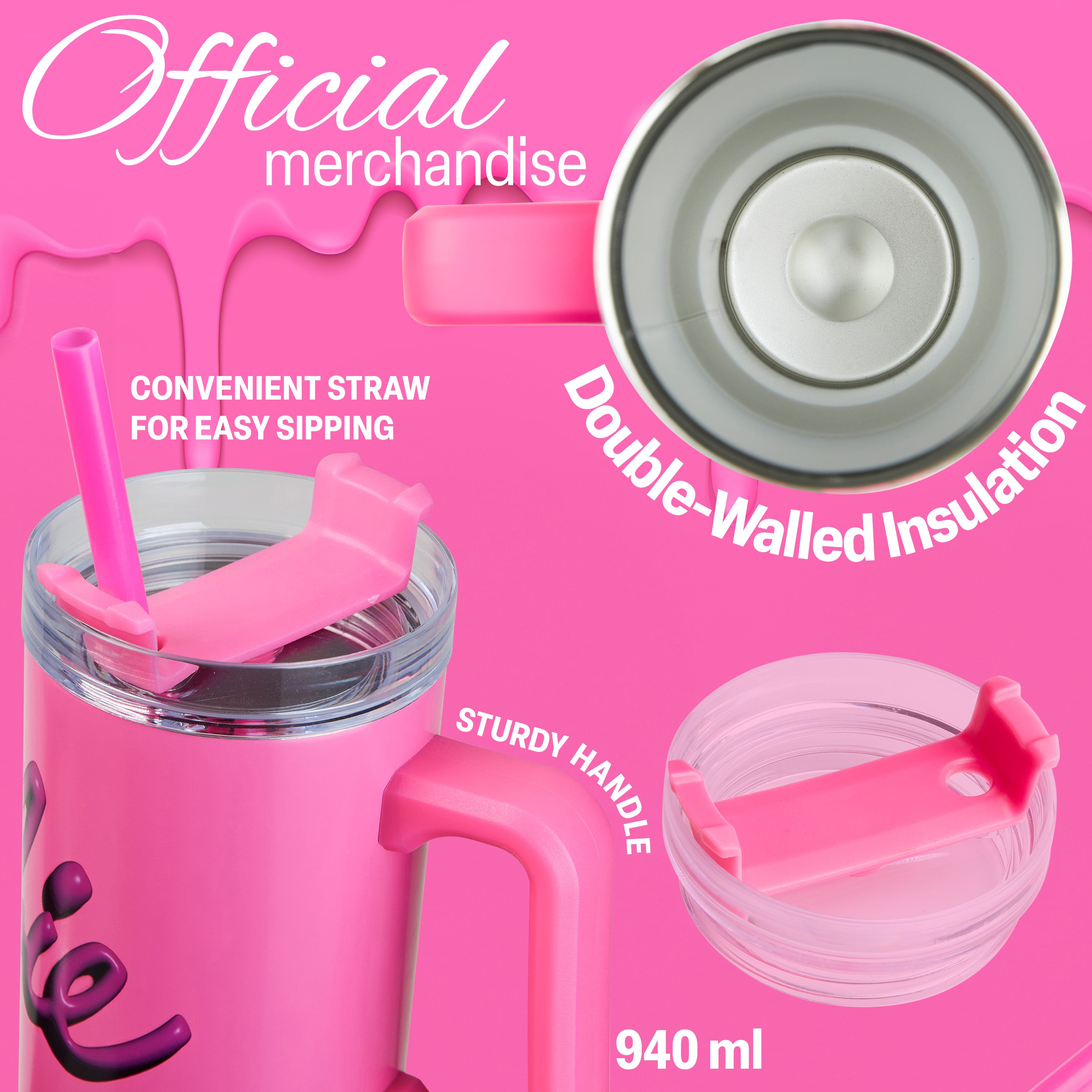 Barbie Insulated Tumbler Travel Mug 940ml/33oz Water Bottle with Straw & Handle Thermal Double Wall Vacuum Insulation Drinks Cold Up to 17Hrs, Hot Up to 8Hrs, 45Hrs Ice - Get Trend