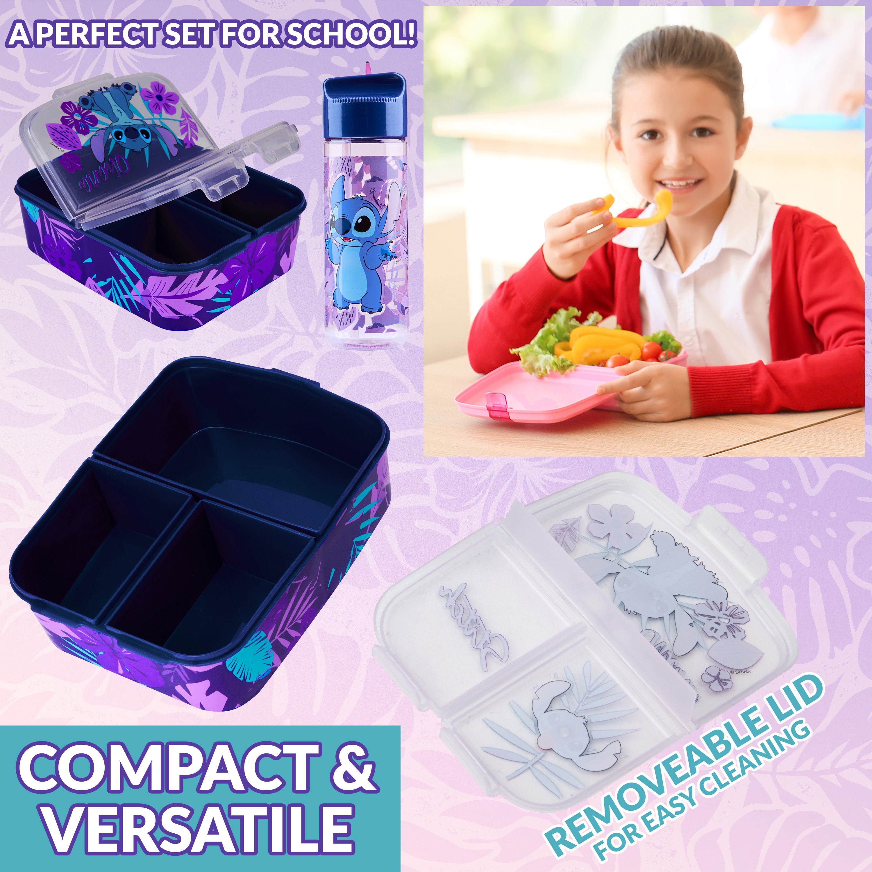 Disney Stitch Kids Lunchbox with Compartments and Water Bottle for School (Blue/Purple) - Get Trend