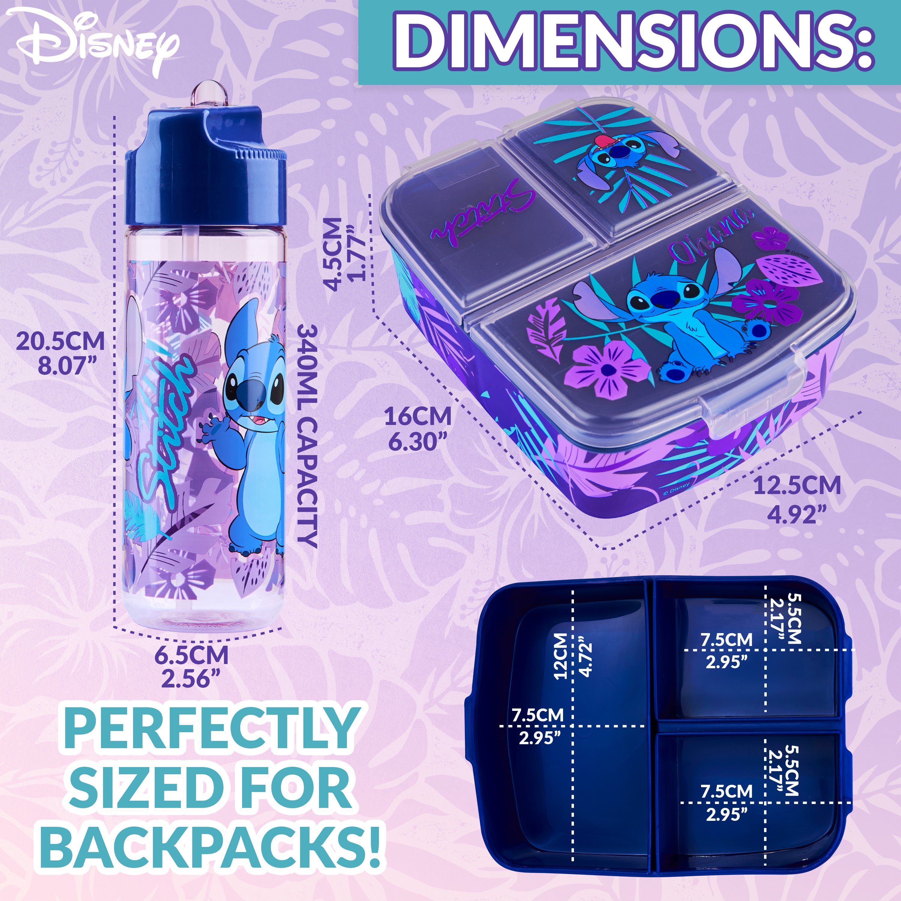 Disney Stitch Kids Lunchbox with Compartments and Water Bottle for School (Blue/Purple) - Get Trend