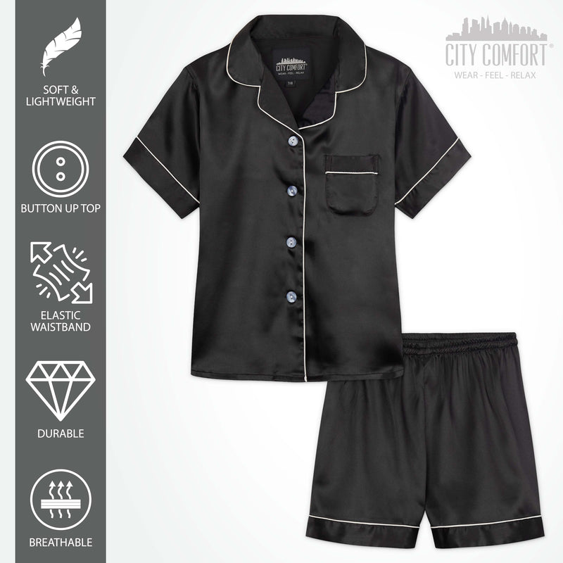 CityComfort Girls Short Pyjama Sets - Satin, Button Down 2 Piece Set - Get Trend