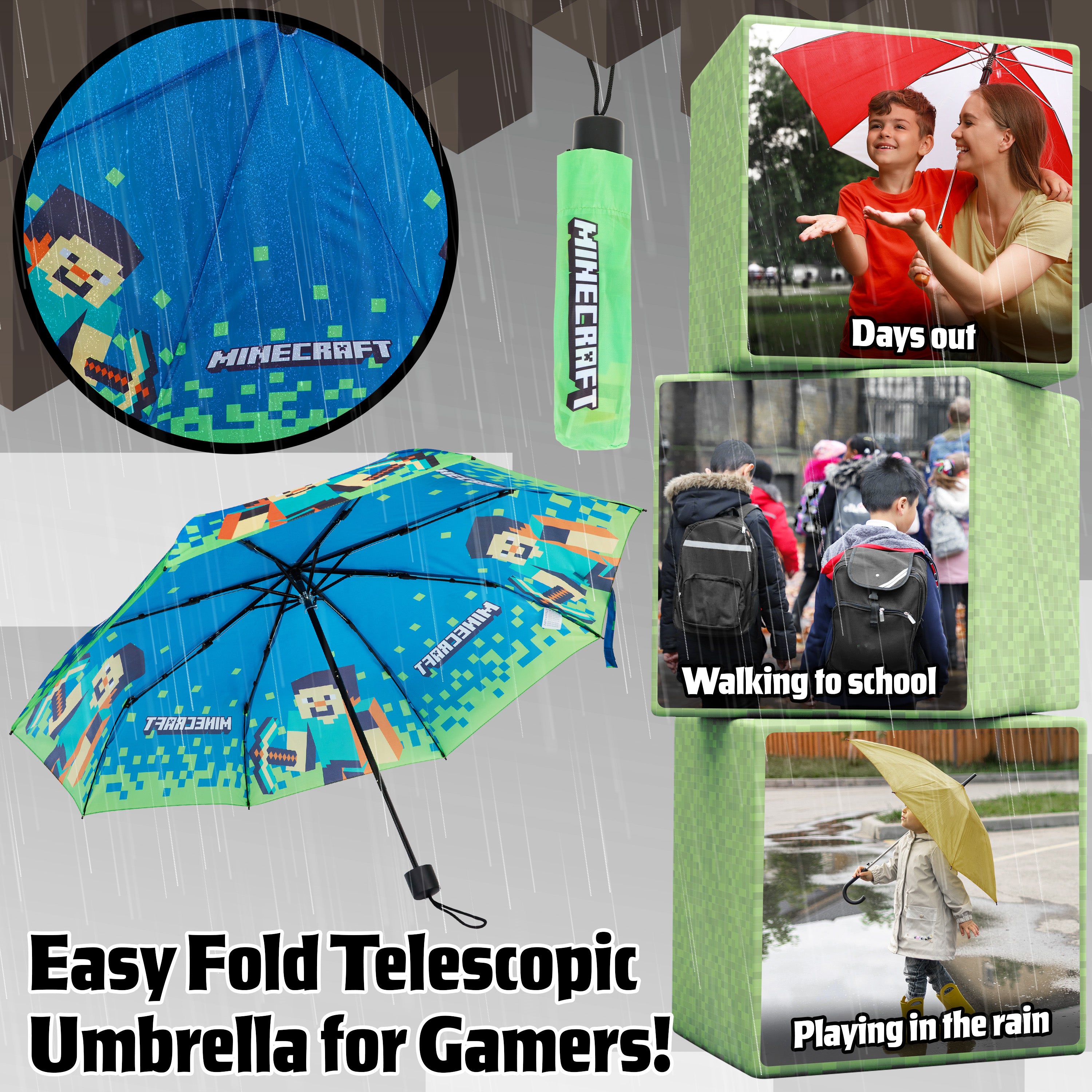 Minecraft Telescopic Umbrella - Folding Umbrella Lightweight for Travel School - Get Trend