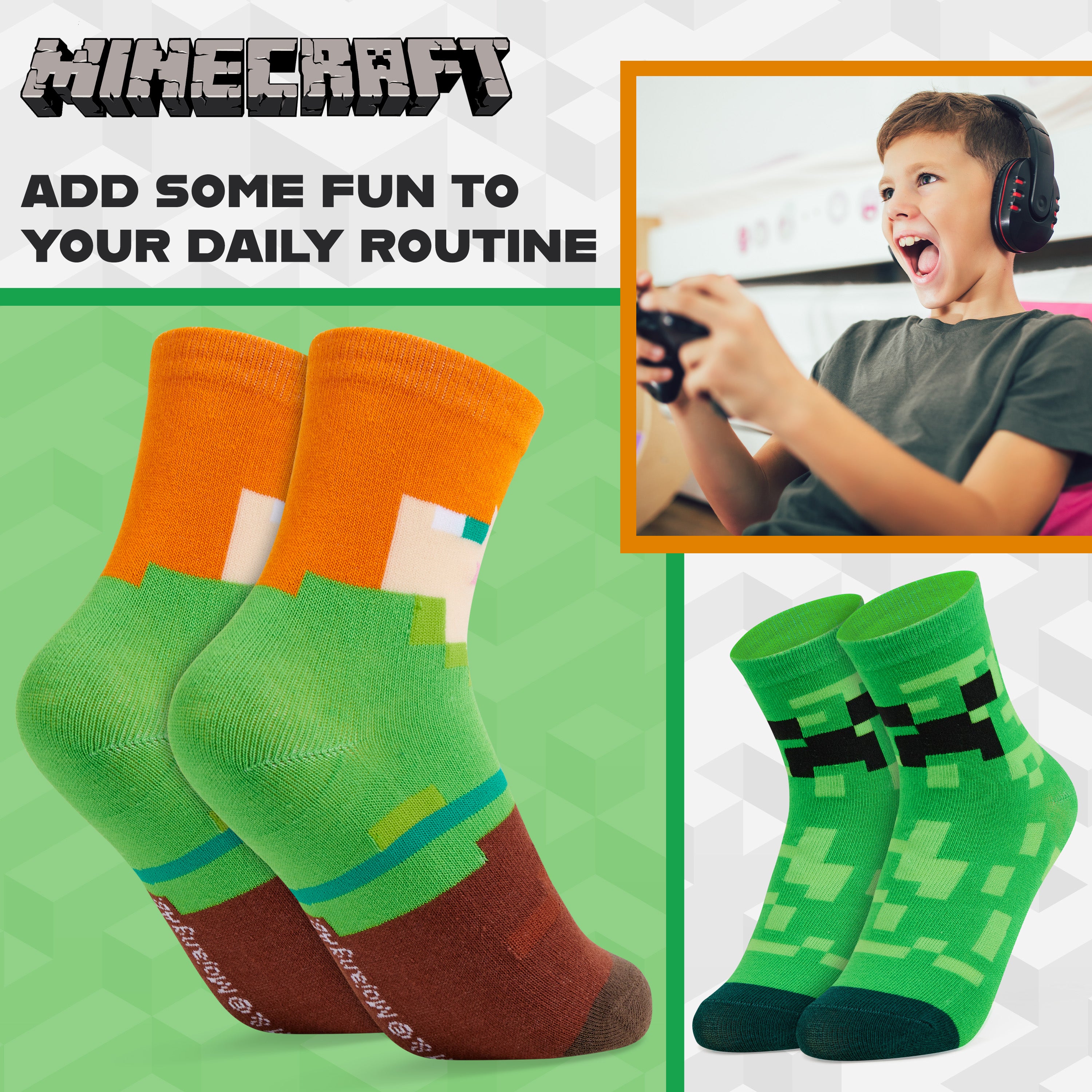 Minecraft Boys Calf Length Socks, Soft Breathable Creeper Everyday Sports School Socks Multipack - Gifts for Gamers - Get Trend