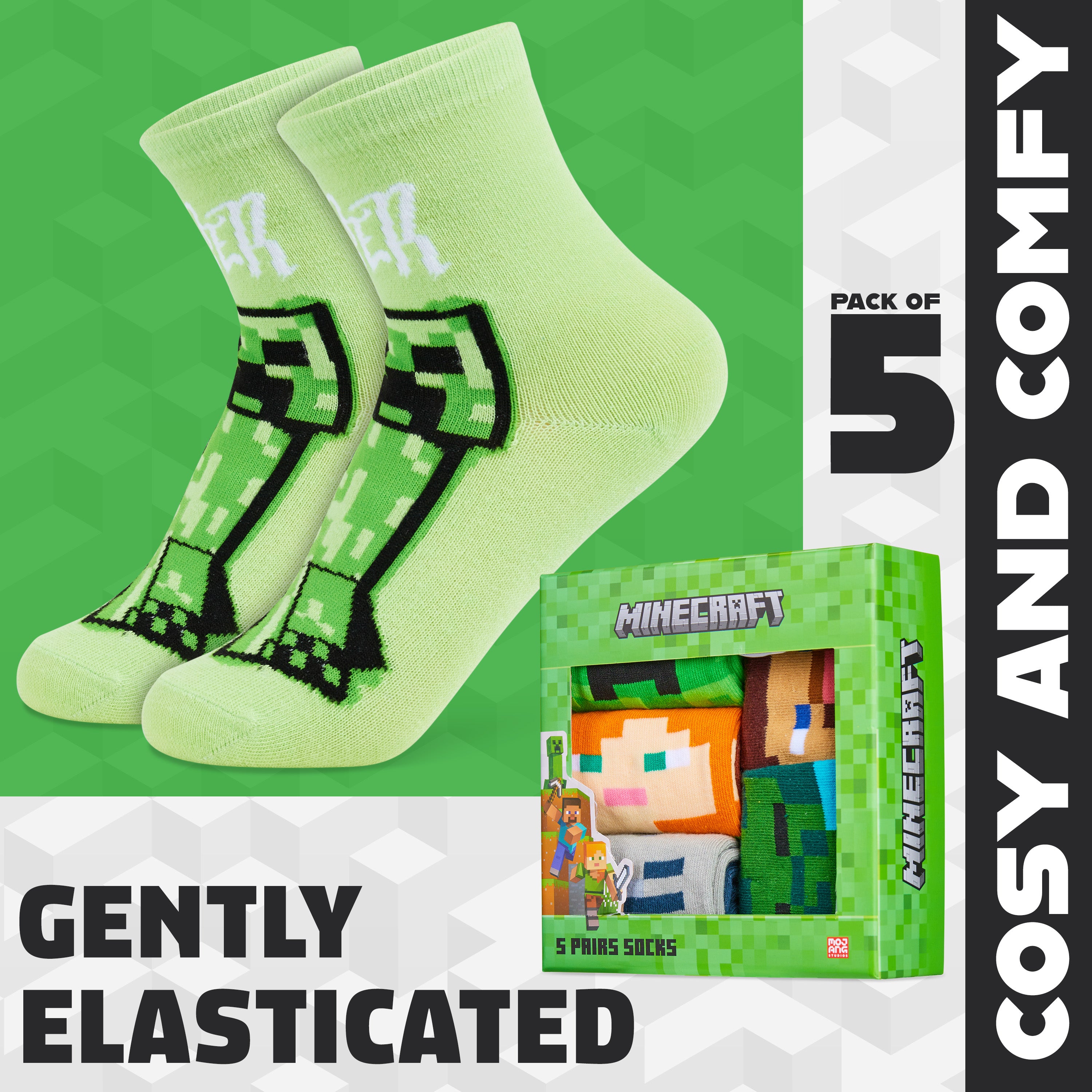 Minecraft Boys Calf Length Socks, Soft Breathable Creeper Everyday Sports School Socks Multipack - Gifts for Gamers - Get Trend