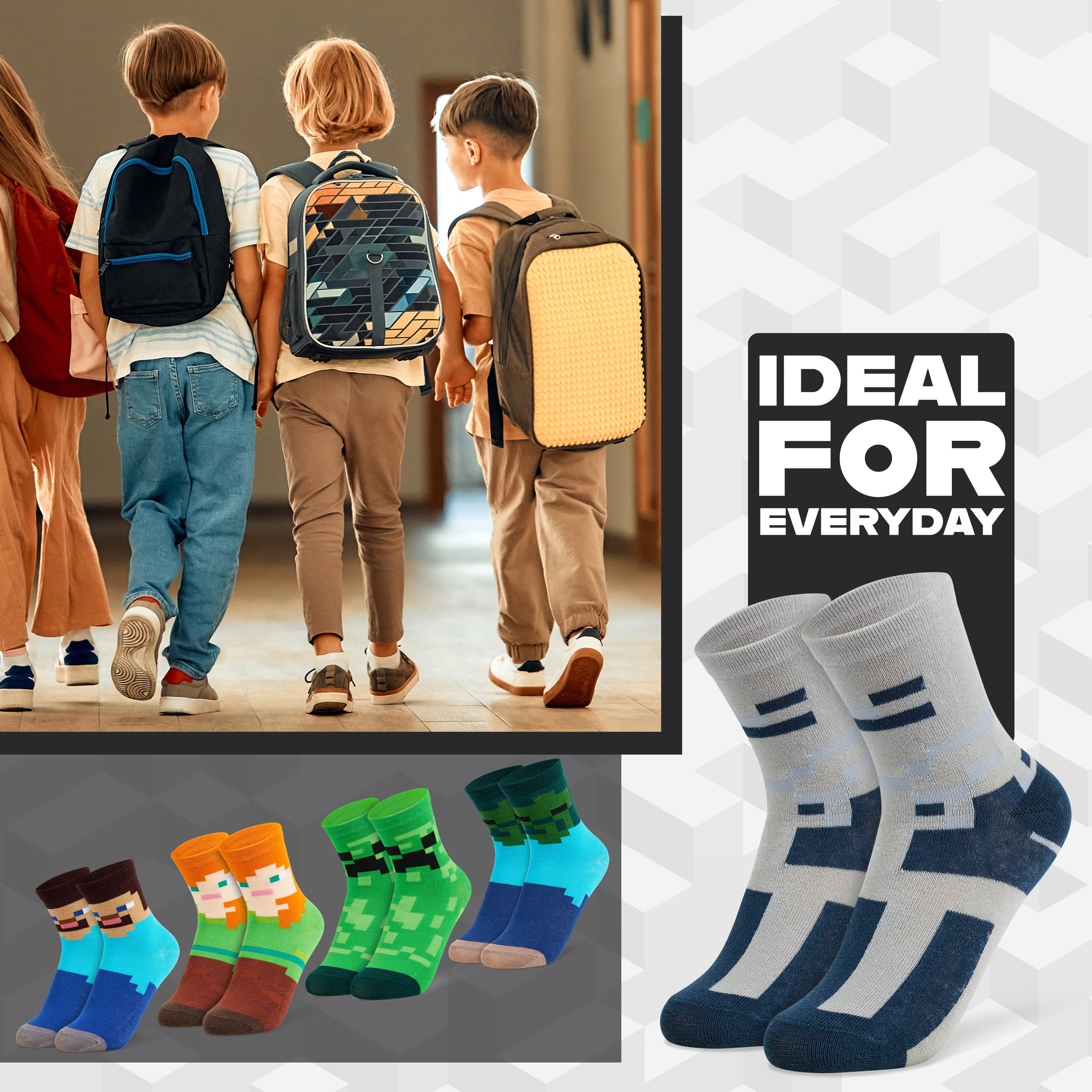 Minecraft Boys Calf Length Socks, Soft Breathable Creeper Everyday Sports School Socks Multipack - Gifts for Gamers - Get Trend