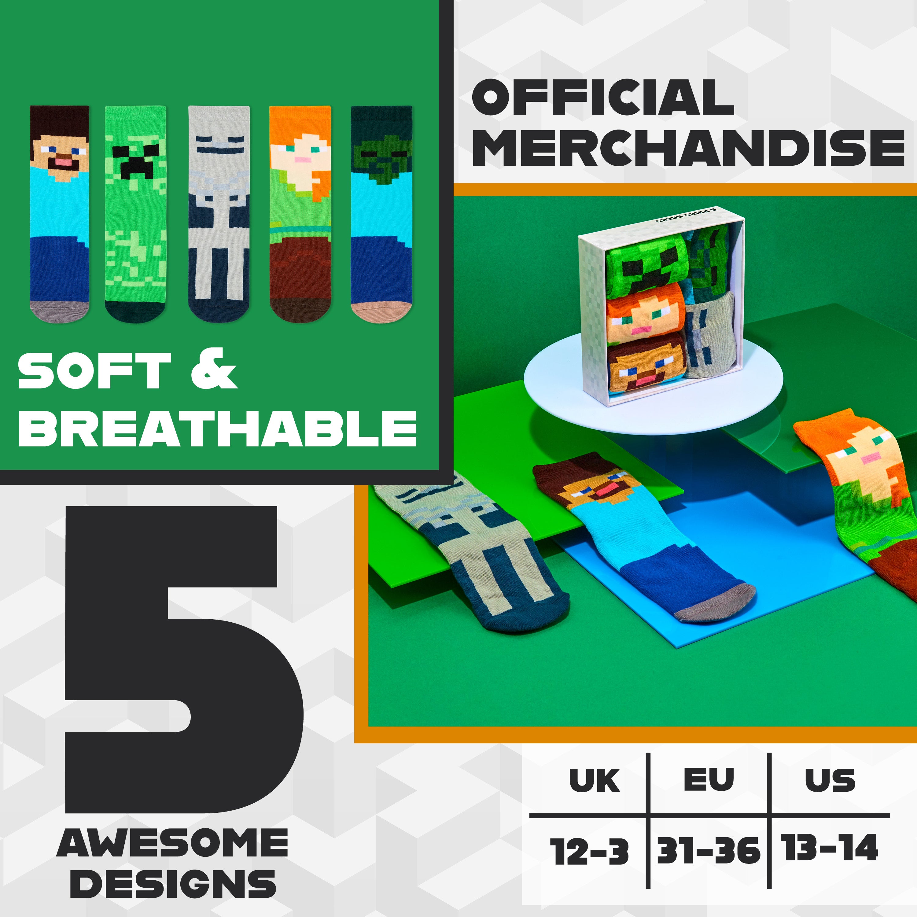 Minecraft Boys Calf Length Socks, Soft Breathable Creeper Everyday Sports School Socks Multipack - Gifts for Gamers - Get Trend