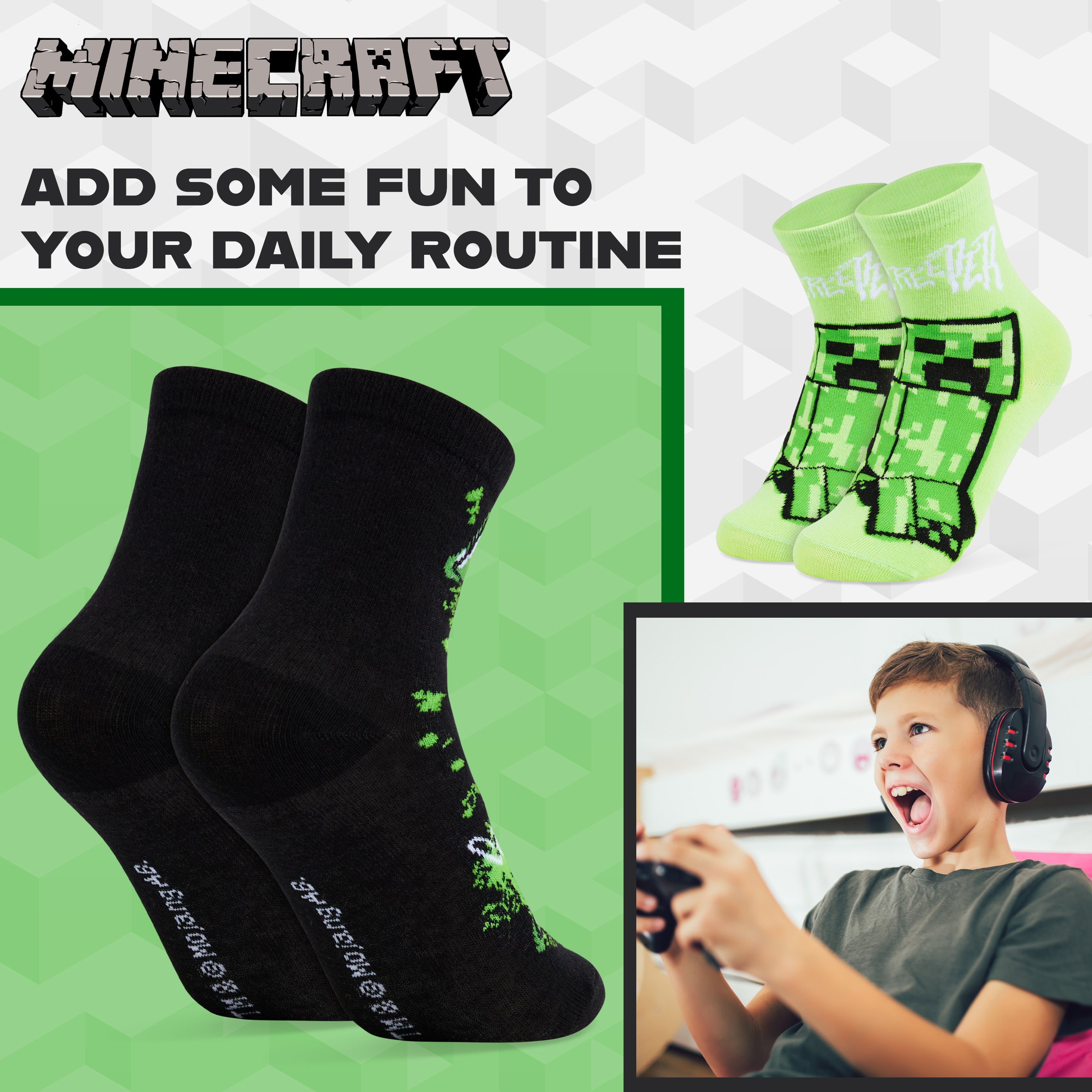 Minecraft Boys Calf Length Socks, Soft Breathable Creeper Everyday Sports School Socks Multipack - Gifts for Gamers - Get Trend
