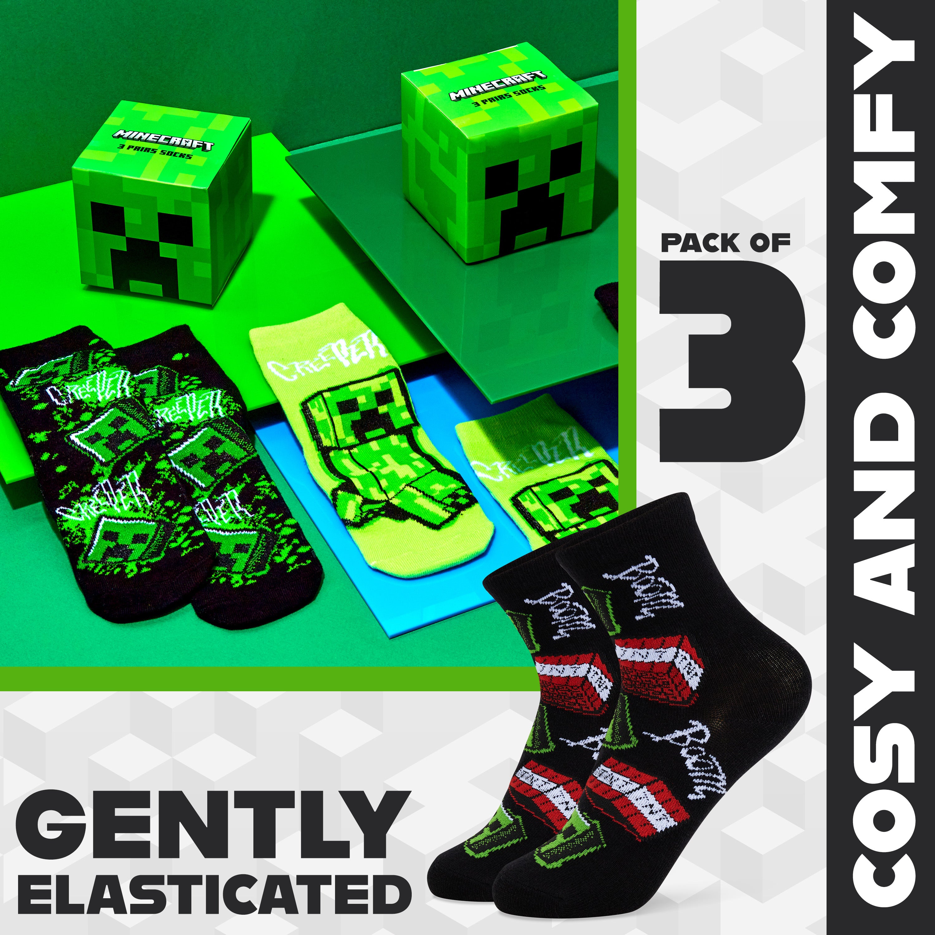 Minecraft Boys Calf Length Socks, Soft Breathable Creeper Everyday Sports School Socks Multipack - Gifts for Gamers - Get Trend