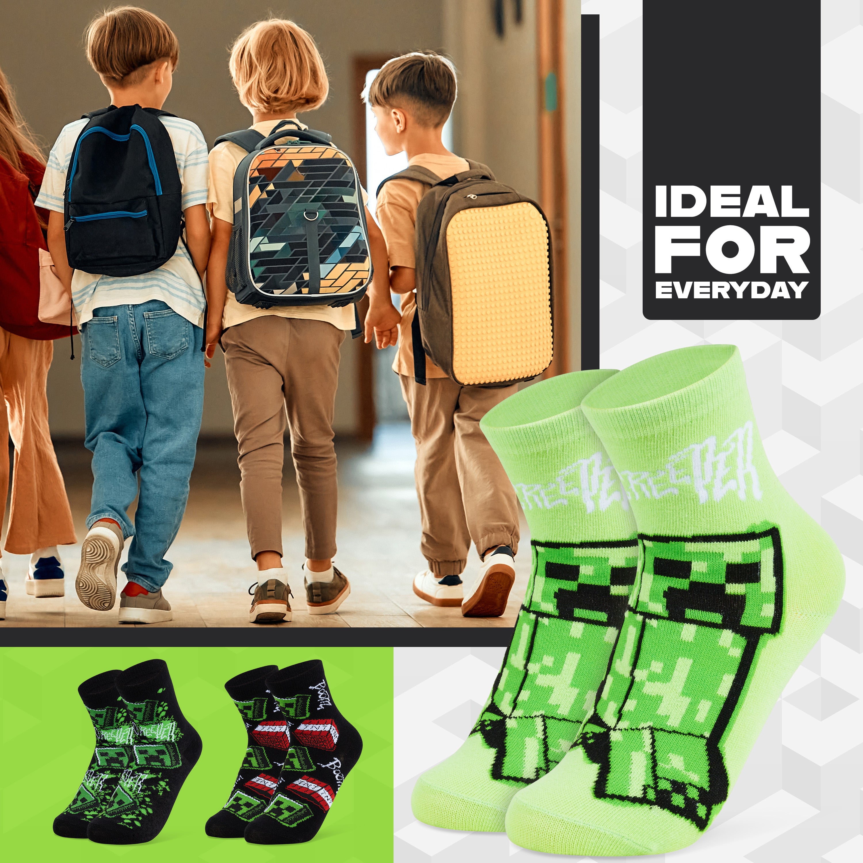 Minecraft Boys Calf Length Socks, Soft Breathable Creeper Everyday Sports School Socks Multipack - Gifts for Gamers - Get Trend