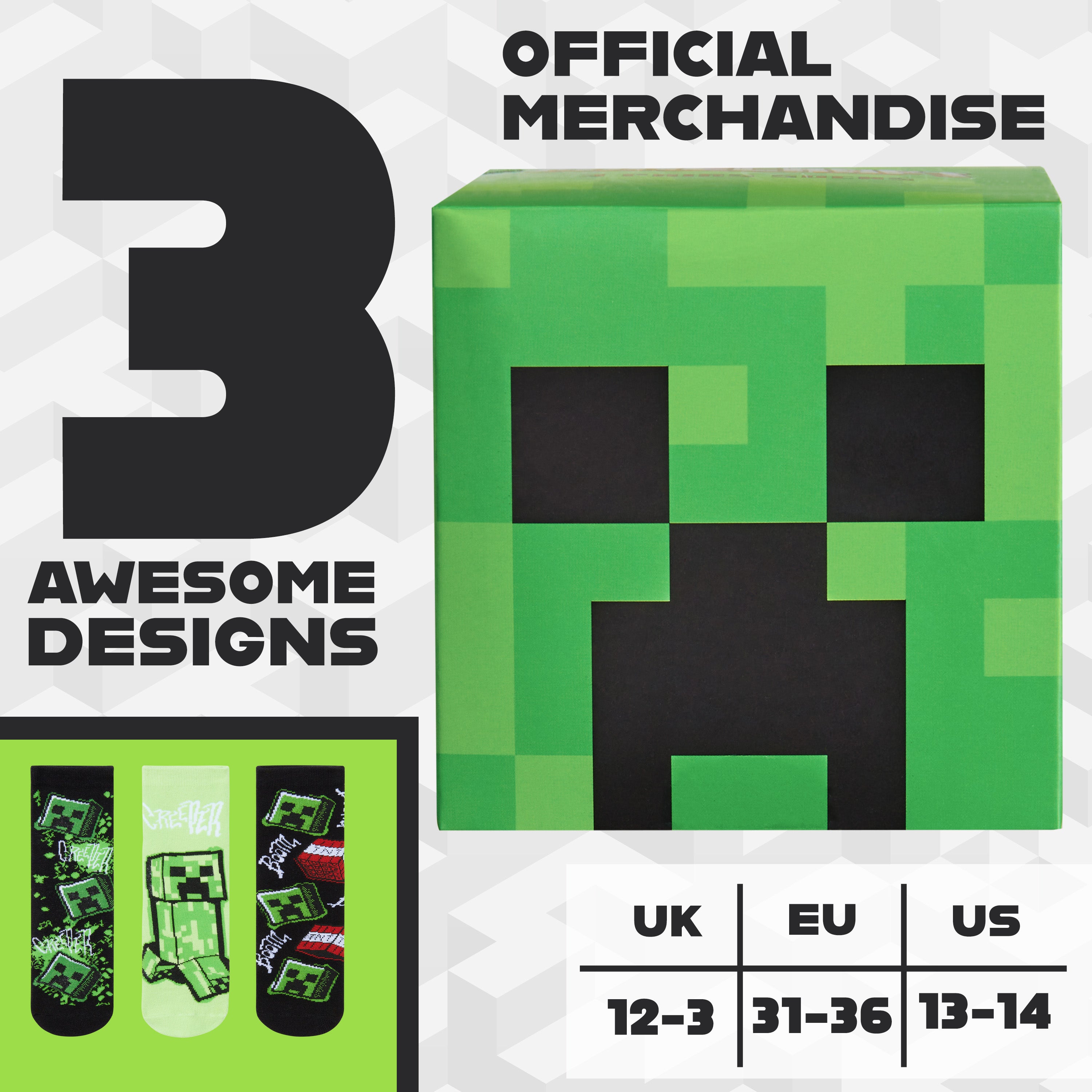 Minecraft Boys Calf Length Socks, Soft Breathable Creeper Everyday Sports School Socks Multipack - Gifts for Gamers - Get Trend