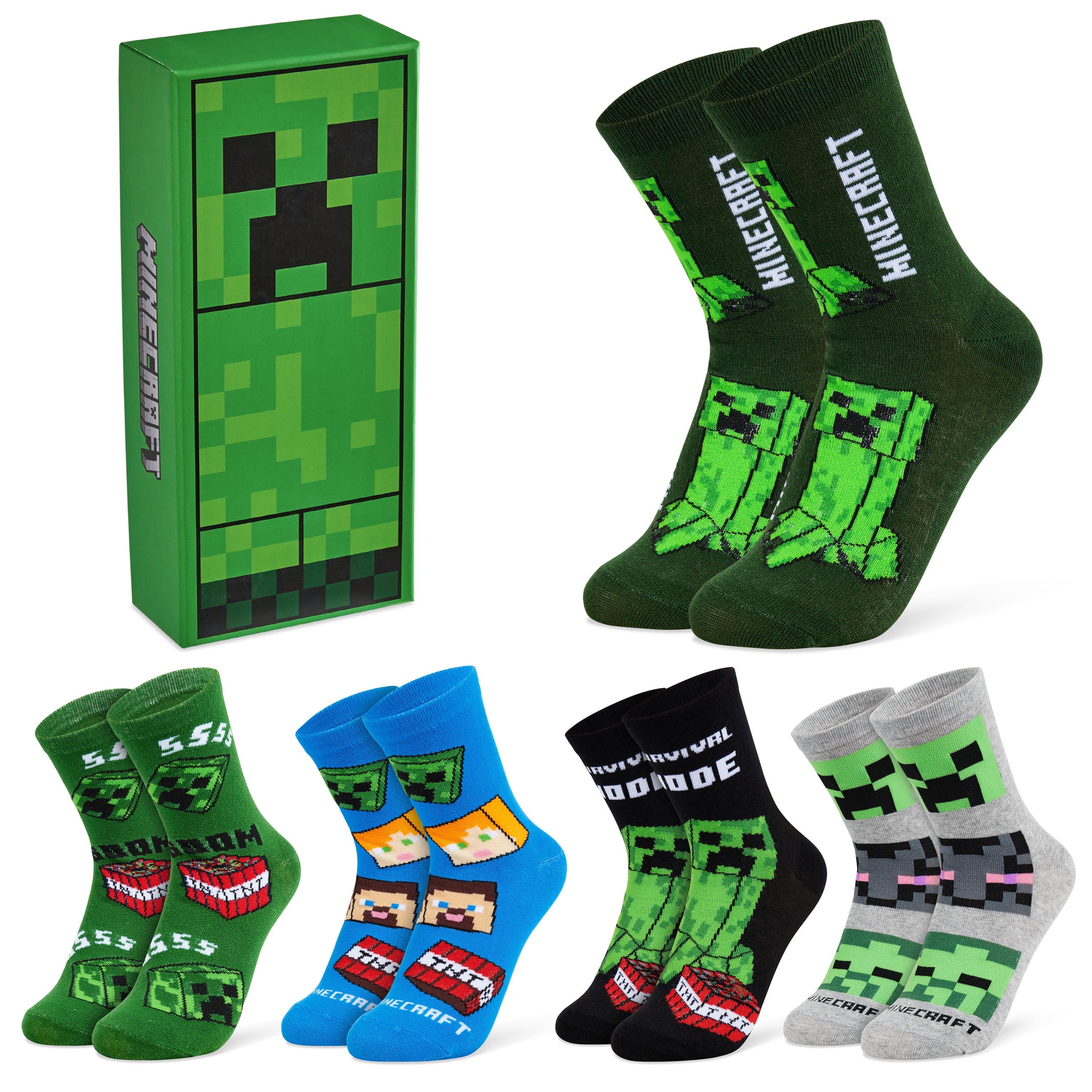 Minecraft Boys Calf Length Socks, Soft Breathable Creeper Everyday Sports School Socks Multipack - Gifts for Gamers - Get Trend