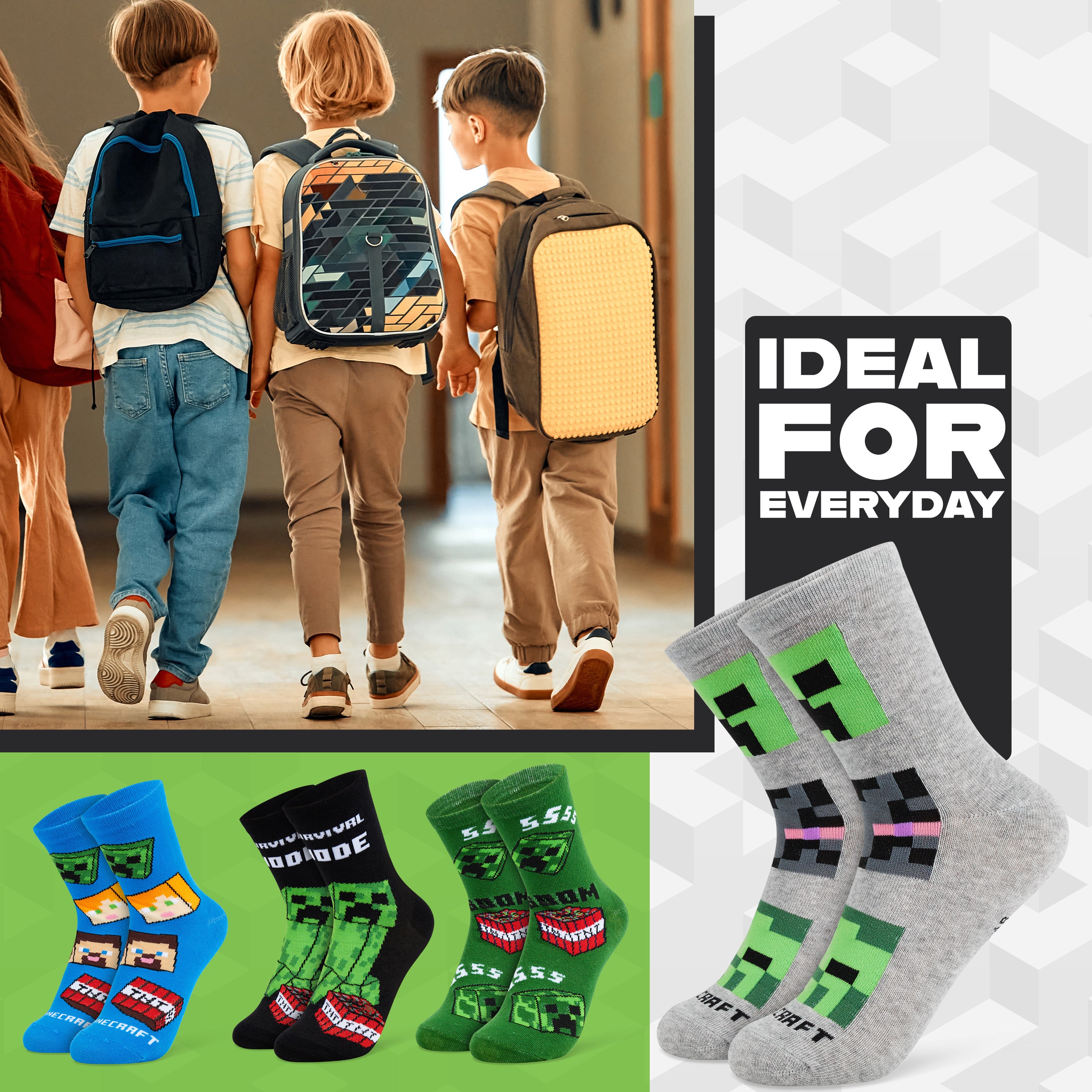 Minecraft Boys Calf Length Socks, Soft Breathable Creeper Everyday Sports School Socks Multipack - Gifts for Gamers - Get Trend