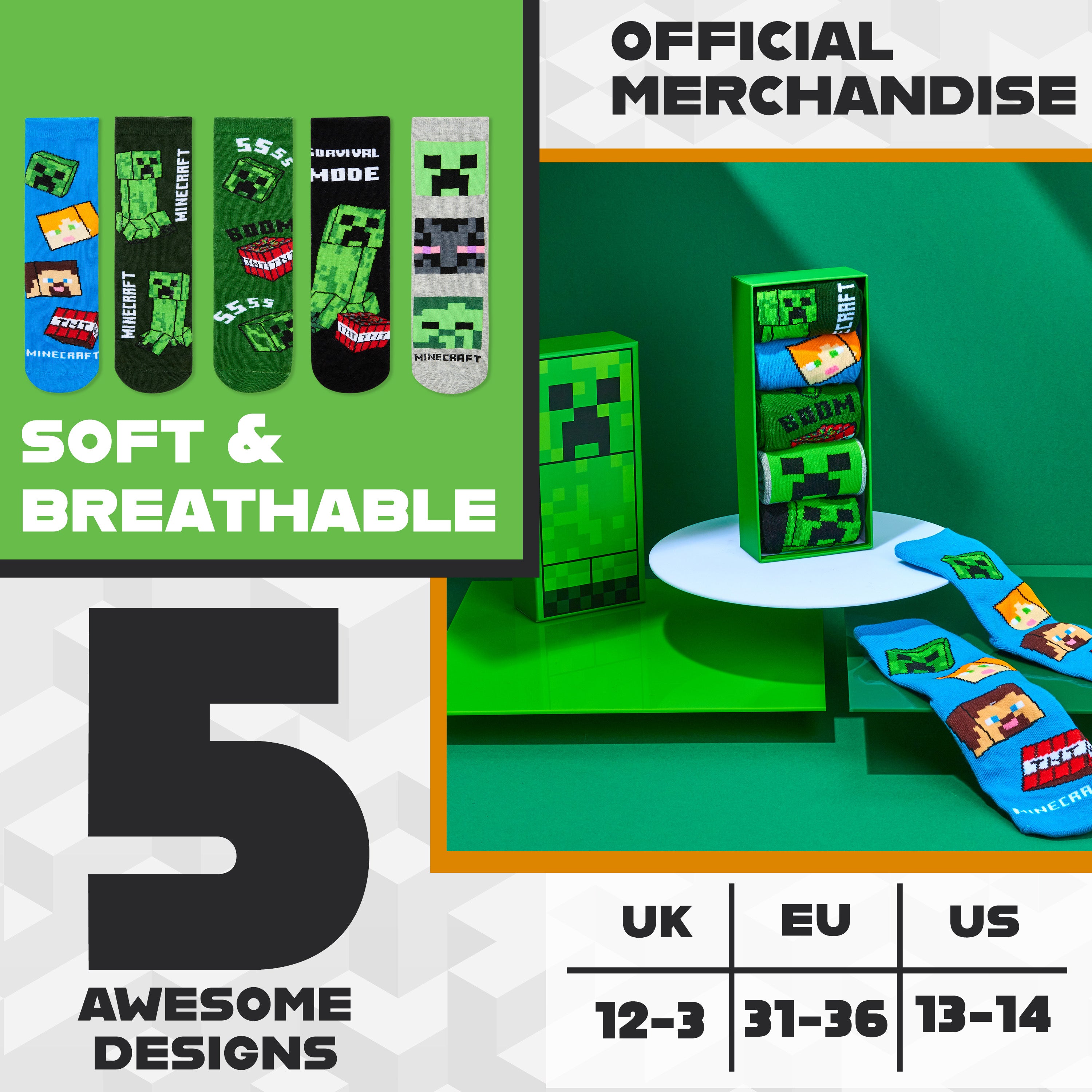 Minecraft Boys Calf Length Socks, Soft Breathable Creeper Everyday Sports School Socks Multipack - Gifts for Gamers - Get Trend