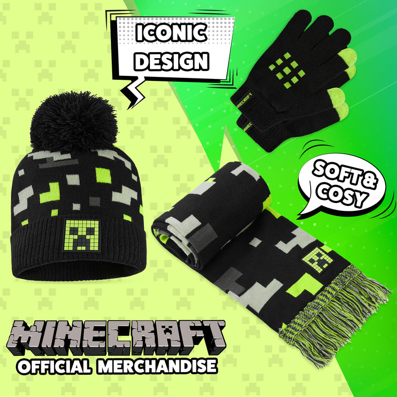 Minecraft Beanie Hat Scarf and Gloves Set for Boys and Girls - Black & Green - Get Trend