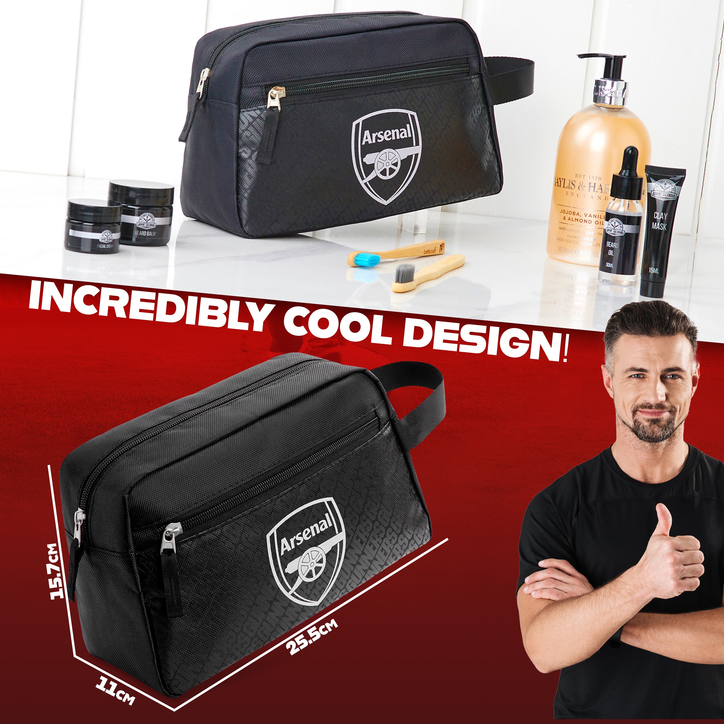 Arsenal F.C. Toiletry Bags for Men, Hanging Wash Bag with Zipped Pocket - Gifts for Him - Get Trend