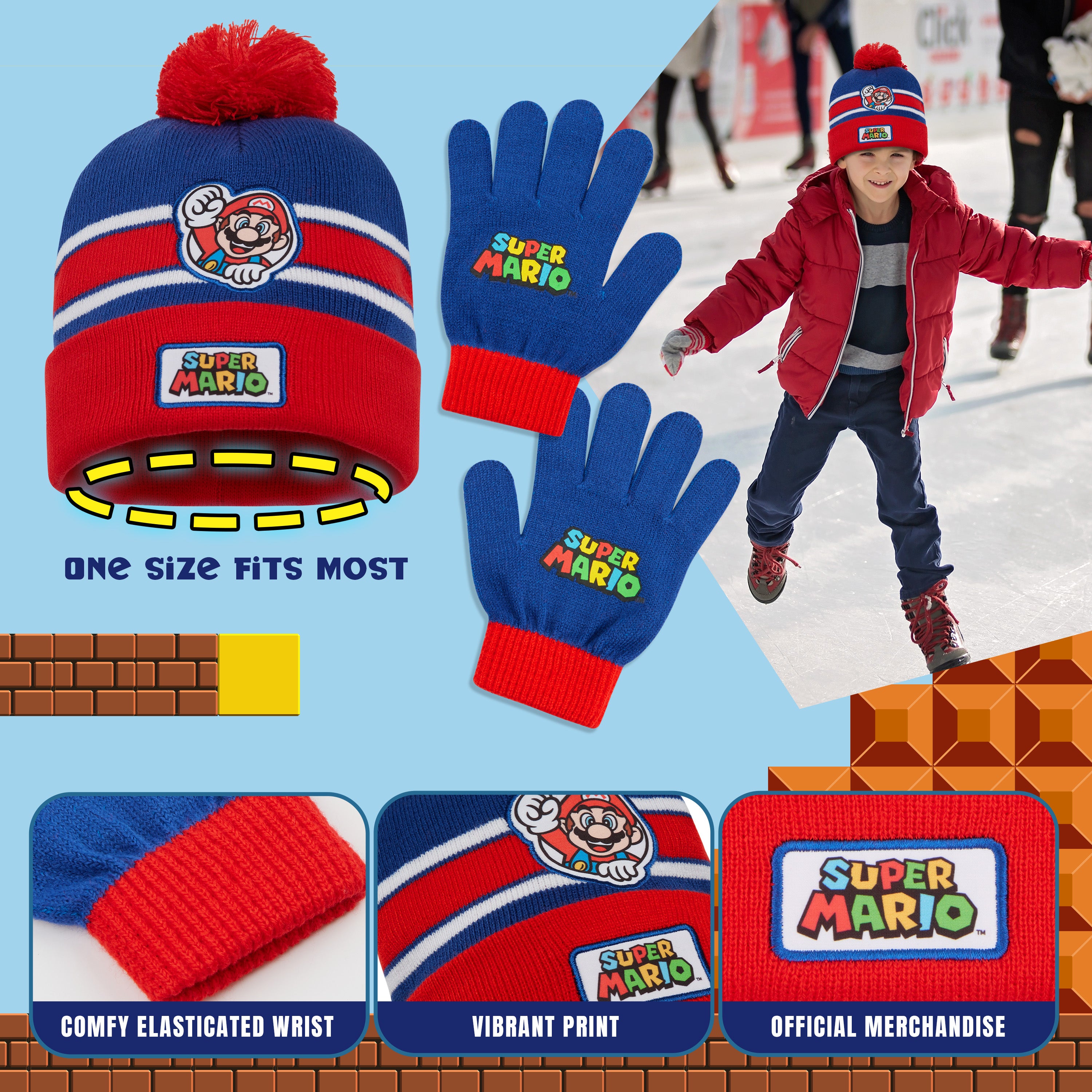 Super Mario Boys Winter Accessories Set, for School Travel - Boys Gifts - Get Trend