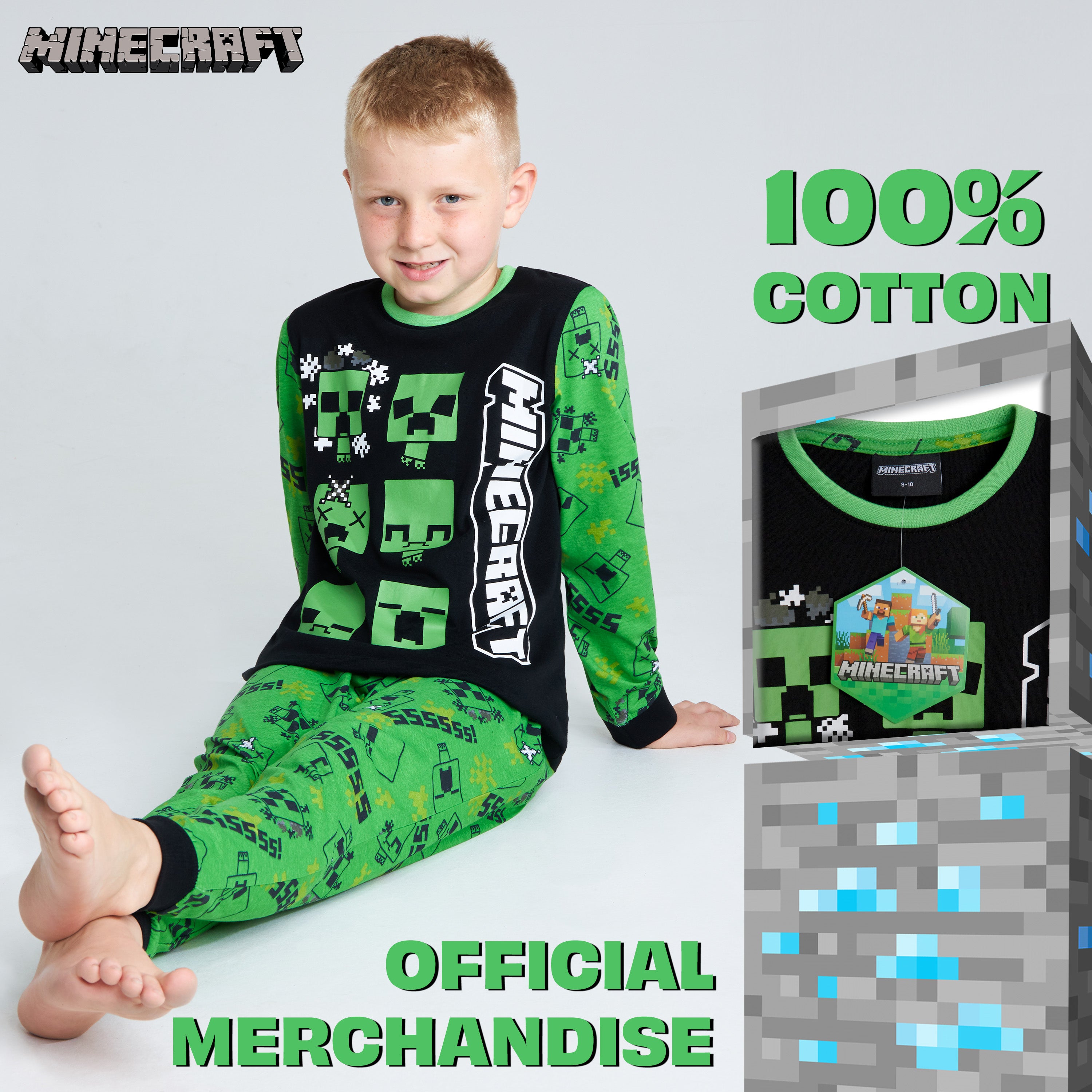 Minecraft Boys Long Pyjamas Set, Comfy Cotton PJs Creeper Loungewear - Gamer Gifts for Boys - Get Trend