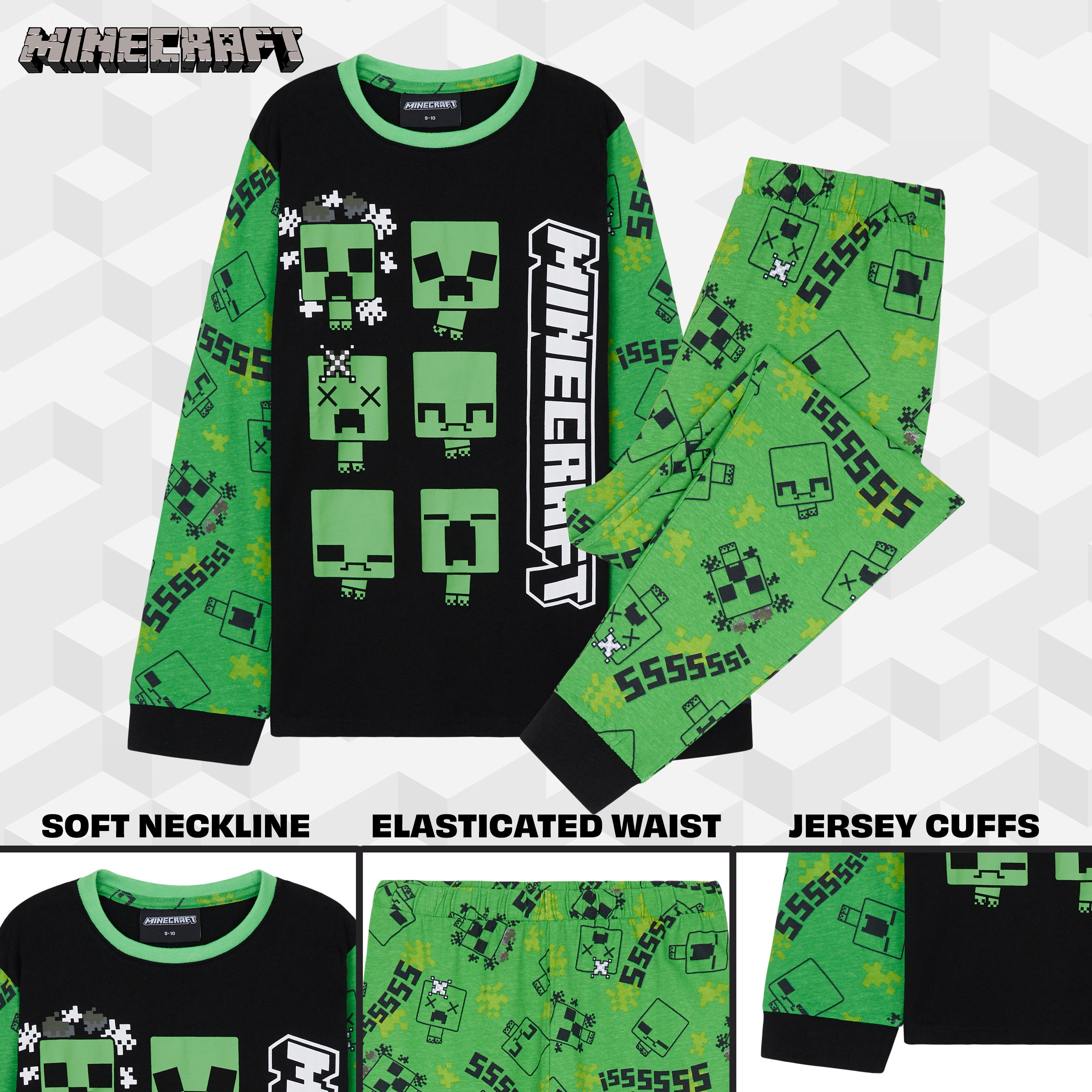 Minecraft Boys Long Pyjamas Set, Comfy Cotton PJs Creeper Loungewear - Gamer Gifts for Boys - Get Trend