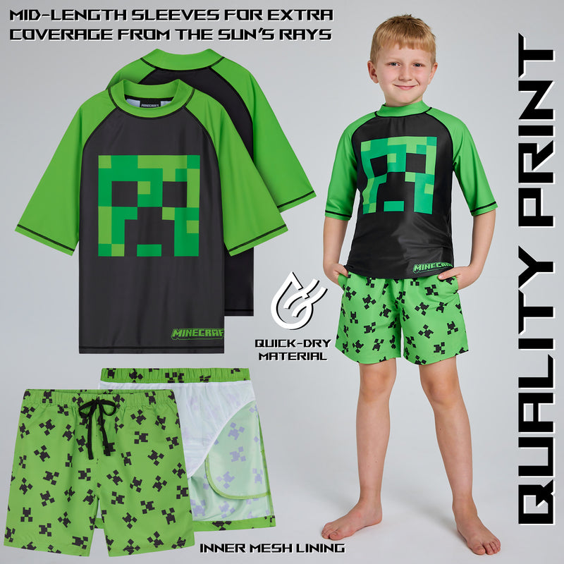Minecraft Boys 2 Piece Swimwear Set, Swimming Top and Boys Swim Trunks - Green/Black - Get Trend