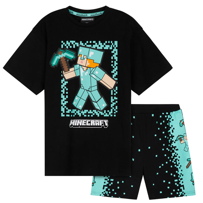 Minecraft Boys Short Pyjamas Set, Comfy Cotton Lounge Wear - Black/Blue - Get Trend