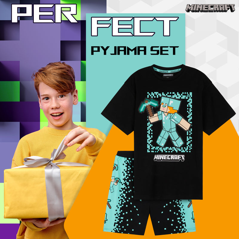 Minecraft Boys Short Pyjamas Set, Comfy Cotton Lounge Wear - Black/Blue - Get Trend
