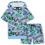 Minecraft Hoodie Shorts Tracksuit Set Boys 2 Pcs Creeper Teenagers Gamer Summer Short Sleeved Hooded Sweatshirt Zipped Pockets Sports Casual Activewear - Get Trend